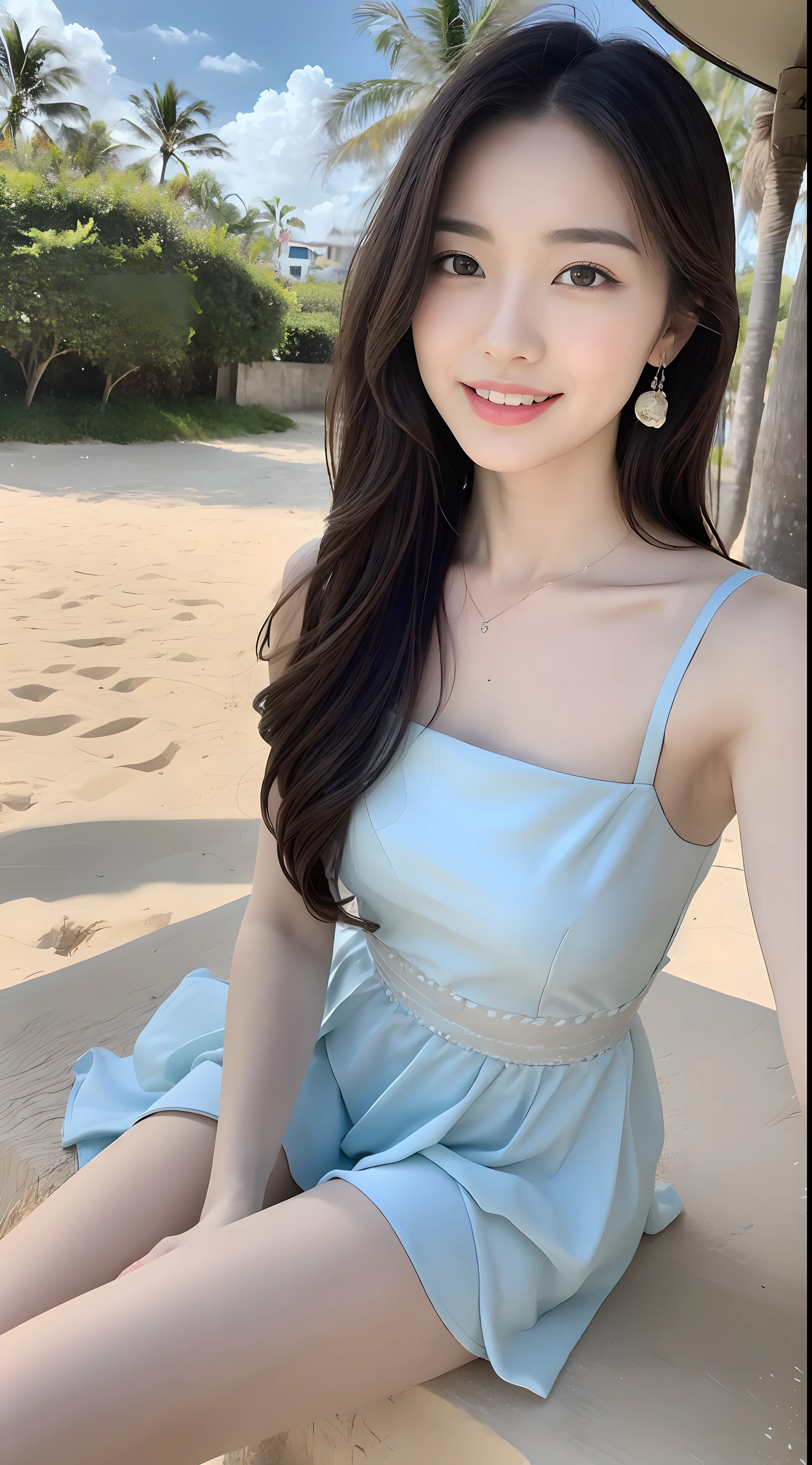 A young and beautiful,Beautiful cute girl，half-body photo。Extremely beautiful and delicate，Black color hair，A sweet smile，Delicate and beautiful fair skin，Realistic and realistic，exquisite and complete facial features，Detailed depiction of the face，tall nose bridge，Smooth hair，extremely detail hair，Feminine temperament，with a well-proportioned body，Realiy，White teeth，Tied up with hair，Hyper-realism，sandals，Extreme picture quality,Highest precision,Precise and perfect human anatomy。with blue sky and white clouds，rays of sunshine，(Tutu dress)（telephoto shot，）Express the landscape，Under coconut trees，Highlight portrait。Sitting on the beach by the sea。Wearing earrings，Sideways photo