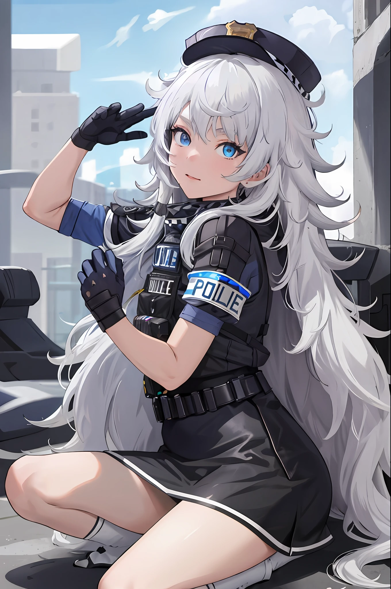 masterpiece, best quality, highres, 1girl, solo, long hair, hat, blue eyes, white hair, messy hair, black gloves, white socks, police uniform, black skirt, short sleeves, cowboy shot, filed, ruins, from side,