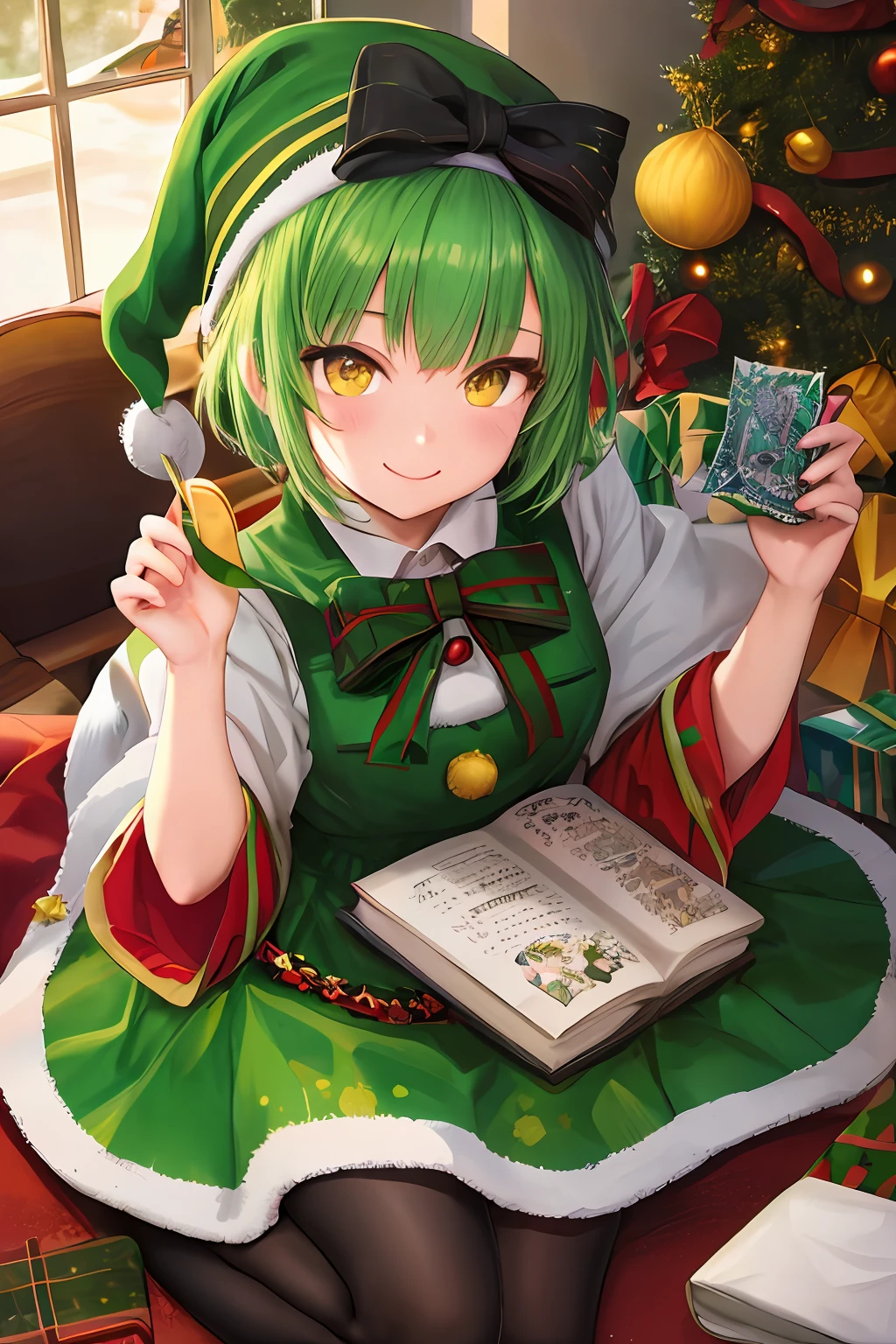 1girl, bright green hair, short hair, Santa Claus Chloted, yellow eyes, masterpiece, best illustration, best manga, smile, cute