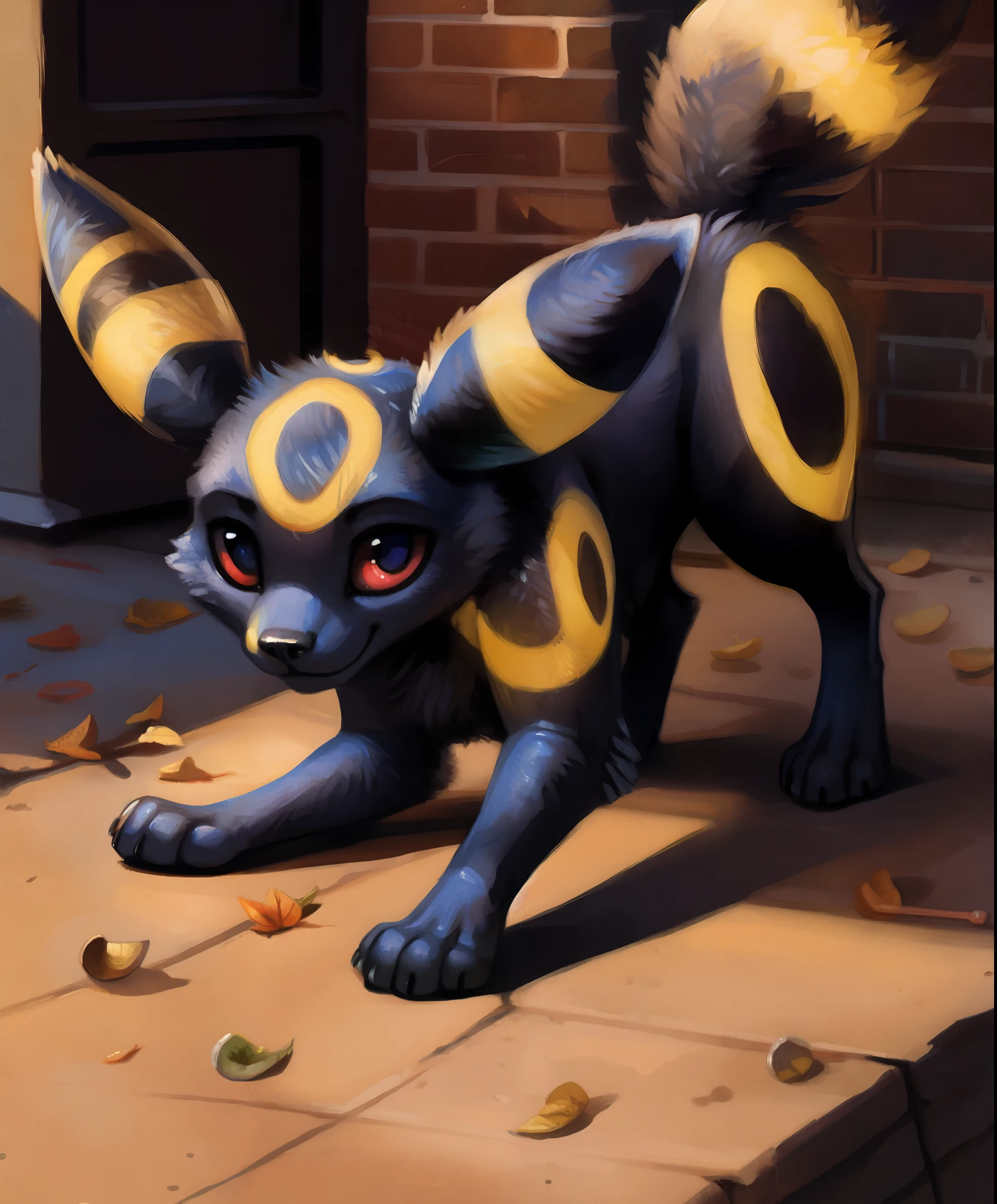 best quality, high quality, hi res, city,public,detailed background, detailed fur, BREAK ((a male feral umbreon)), on side,cute expression,, by kenket, by totesfleisch8, (by thebigslick, by silverfox5213:0.8), (by syuro:0.2), chee-riee,