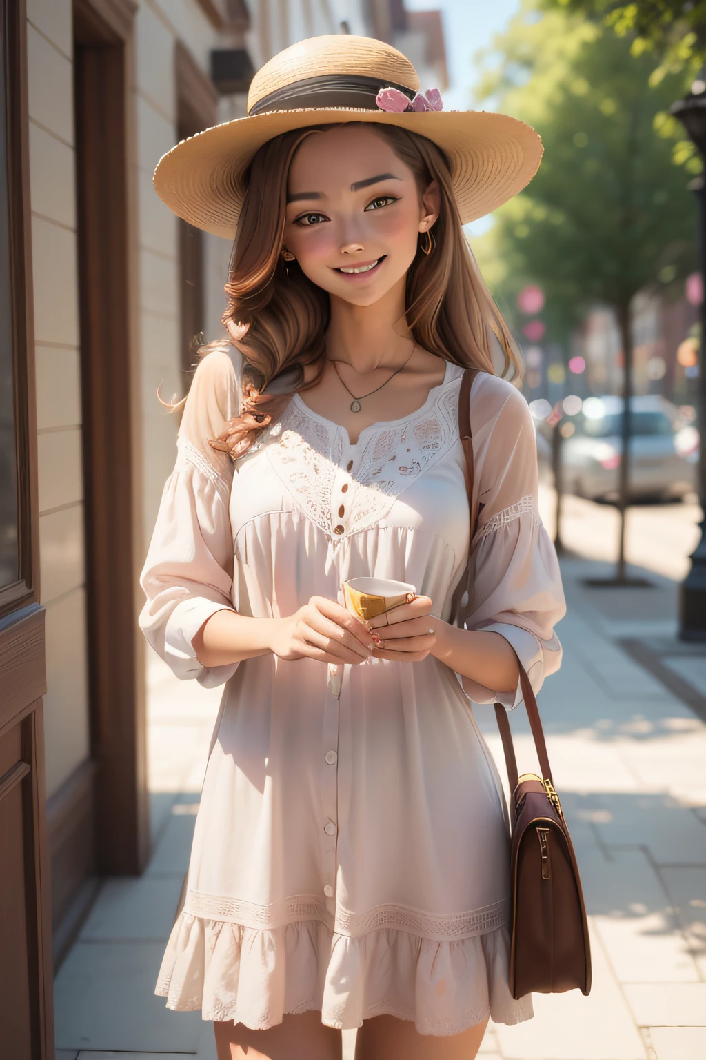 A beautiful young woman in a watercolor style with light brown hair, wearing a hat and posing smiling, amazing pastel colors