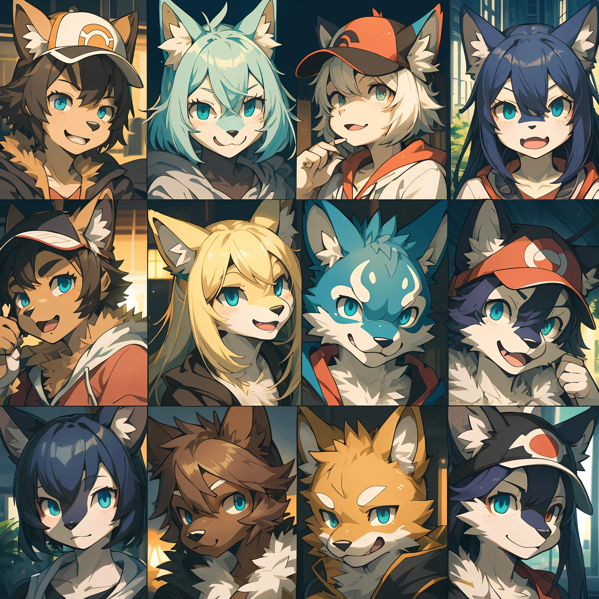 top quality, best quality, High-quality illustrations, masterpiece, super high resolution, detailed background, pokemon trainer, 6+boys, 6+girls, absurdres(highly detailed beautiful face and eyes)perfect anatomy, expression, good lighting, cinematic shadow(kemono, furry anthro),