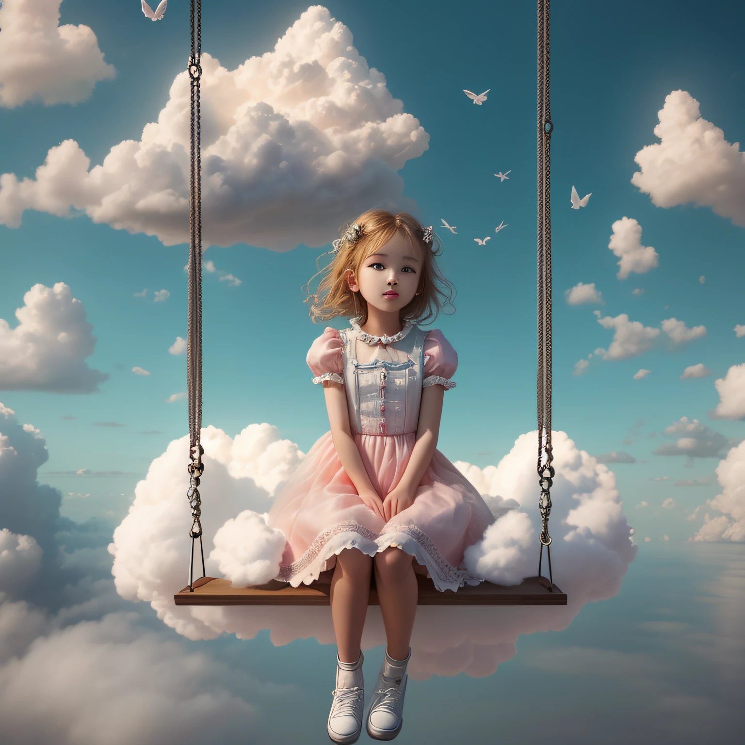 On a swing in the clouds，There is one girl，Girl sitting on fantastic surrealism cloud，inspired by Frieke Janssens，Stunning clouds surrounded her。Fantastic scenes，Girl sitting in a fluffy cloud，Float in surrealist digital art。She lay in the White Cloud Wonderland，Immerse yourself in a surreal art world，The surreal 3D rendering makes the whole picture fantastic and captivating。It is a popular surrealist work of art，Full of surreal dreamy poetry and whimsical imagination。