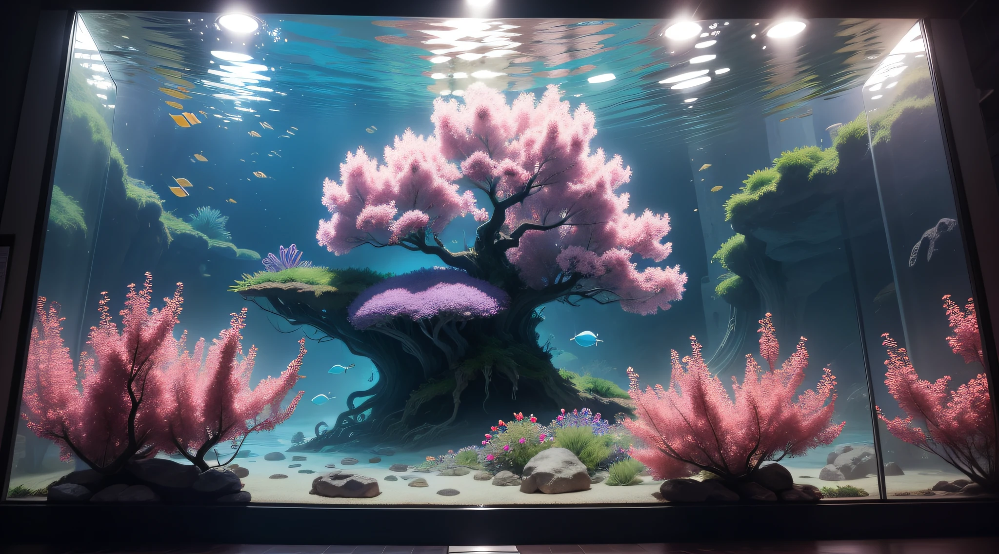 Giant aquarium in an aquarium、Multiple crape myrtles in an aquarium、top-quality、8K、masterpiece、a picture、Photorealsitic、Raw photography、top-quality、high-detail、真实感、photos realistic、Professional color correction