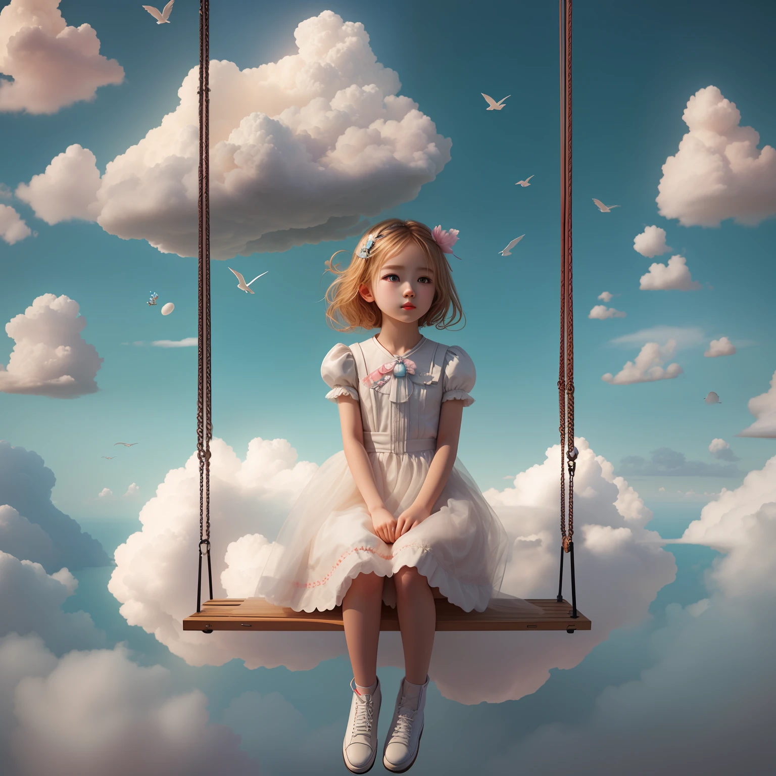 On a swing in the clouds,There is one girl,Girl sitting on fantastic surrealism cloud,inspired by Frieke Janssens,Stunning clouds surrounded her。Fantastic scenes,Girl sitting in a fluffy cloud,Float in surrealist digital art。She lay in the White Cloud Wonderland,Immerse yourself in a surreal art world,The surreal 3D rendering makes the whole picture fantastic and captivating。It is a popular surrealist work of art,Full of surreal dreamy poetry and whimsical imagination。