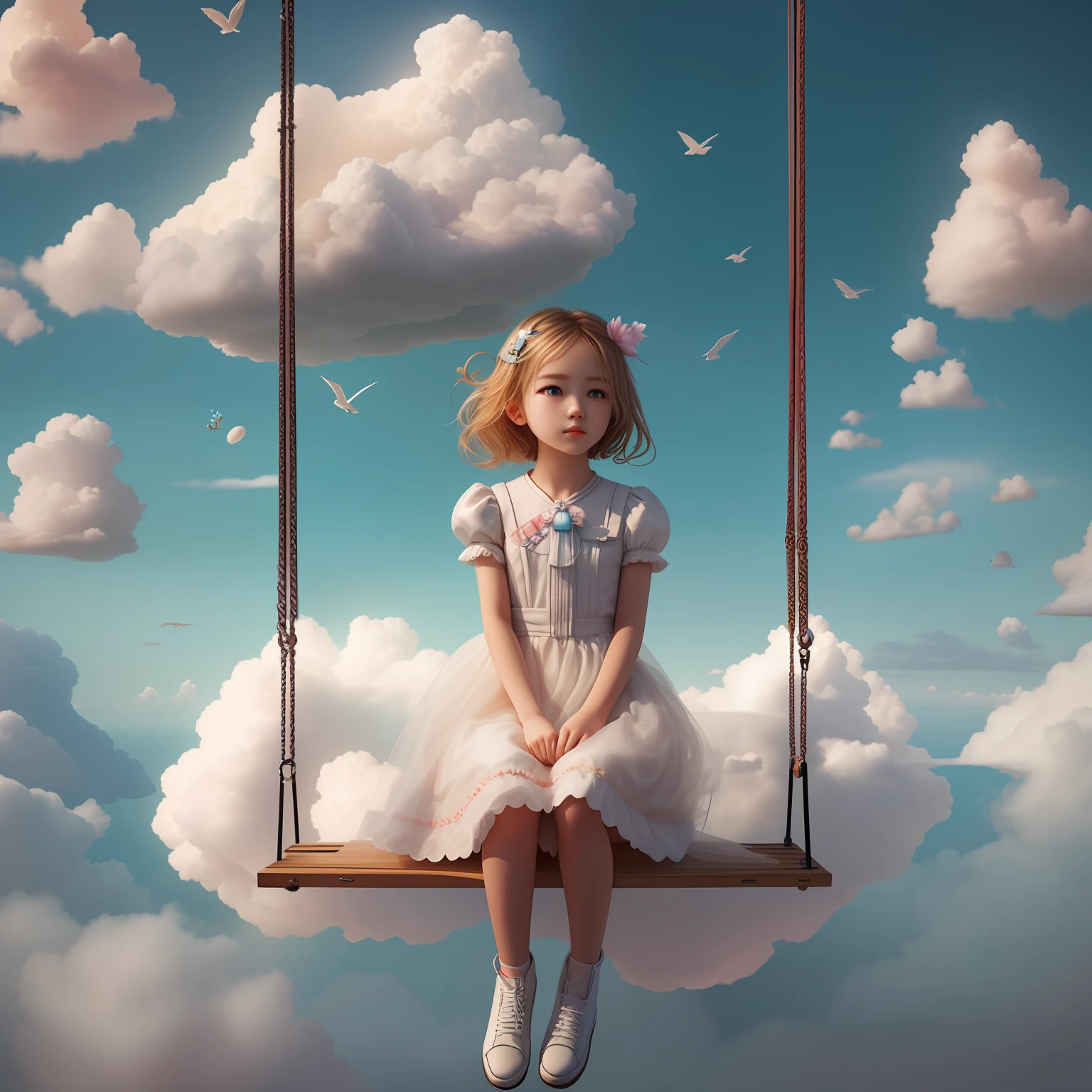 On a swing in the clouds，There is one girl，Girl sitting on fantastic surrealism cloud，inspired by Frieke Janssens，Stunning clouds surrounded her。Fantastic scenes，Girl sitting in a fluffy cloud，Float in surrealist digital art。She lay in the White Cloud Wonderland，Immerse yourself in a surreal art world，The surreal 3D rendering makes the whole picture fantastic and captivating。It is a popular surrealist work of art，Full of surreal dreamy poetry and whimsical imagination。