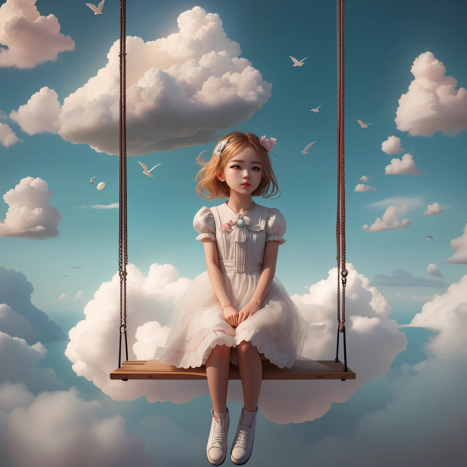 On a swing in the clouds，There is one girl，Girl sitting on fantastic surrealism cloud，inspired by Frieke Janssens，Stunning clouds surrounded her。Fantastic scenes，Girl sitting in a fluffy cloud，Float in surrealist digital art。She lay in the White Cloud Wonderland，Immerse yourself in a surreal art world，The surreal 3D rendering makes the whole picture fantastic and captivating。It is a popular surrealist work of art，Full of surreal dreamy poetry and whimsical imagination。