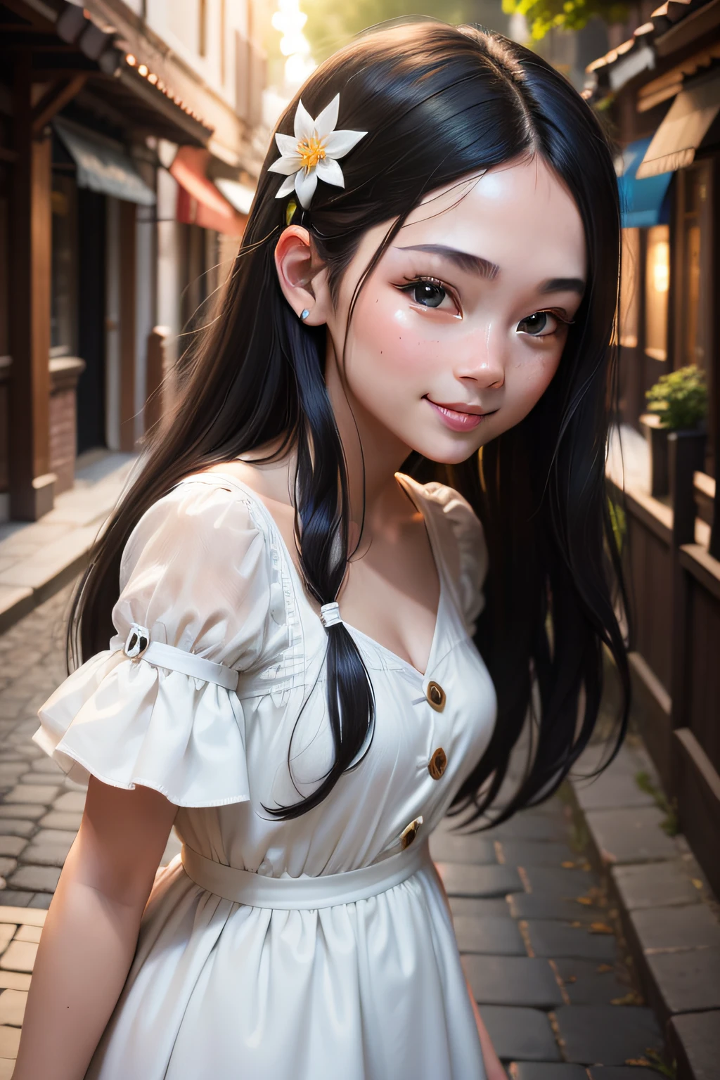 A girl with long black hair in a white dress,Happy smile,The facial features are delicate,freshen,Walk the creekside streets of the ancient town,c4d渲染,number art,zbrush,gary baseman,,Emotional lighting,Ultra-realistic oil,Close-up of the head,super closeup,Exaggerated perspective,Panasonic Glow Pro 50mm f/1.4