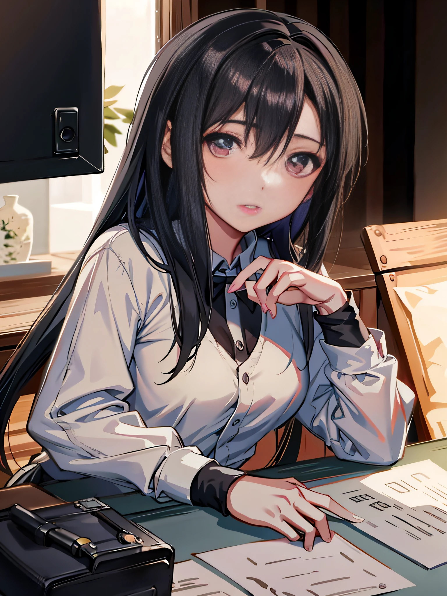 Anime girl sitting at desk，Hold laptop and keyboard, anime moe art style, Smooth anime CG art, attractive anime girls, seductive anime girls, anime visual of a cute girl, Kantai collection style, up of young anime girl, portrait anime girl, ilya kuvshinov with long hair, style of anime4 K, Beautiful Anime High School Girls, (Anime girl)