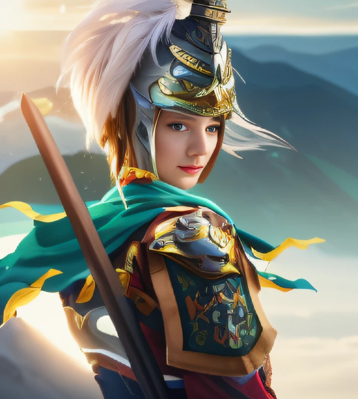 Close up portrait of woman with sword and helmet,Mountain scenery