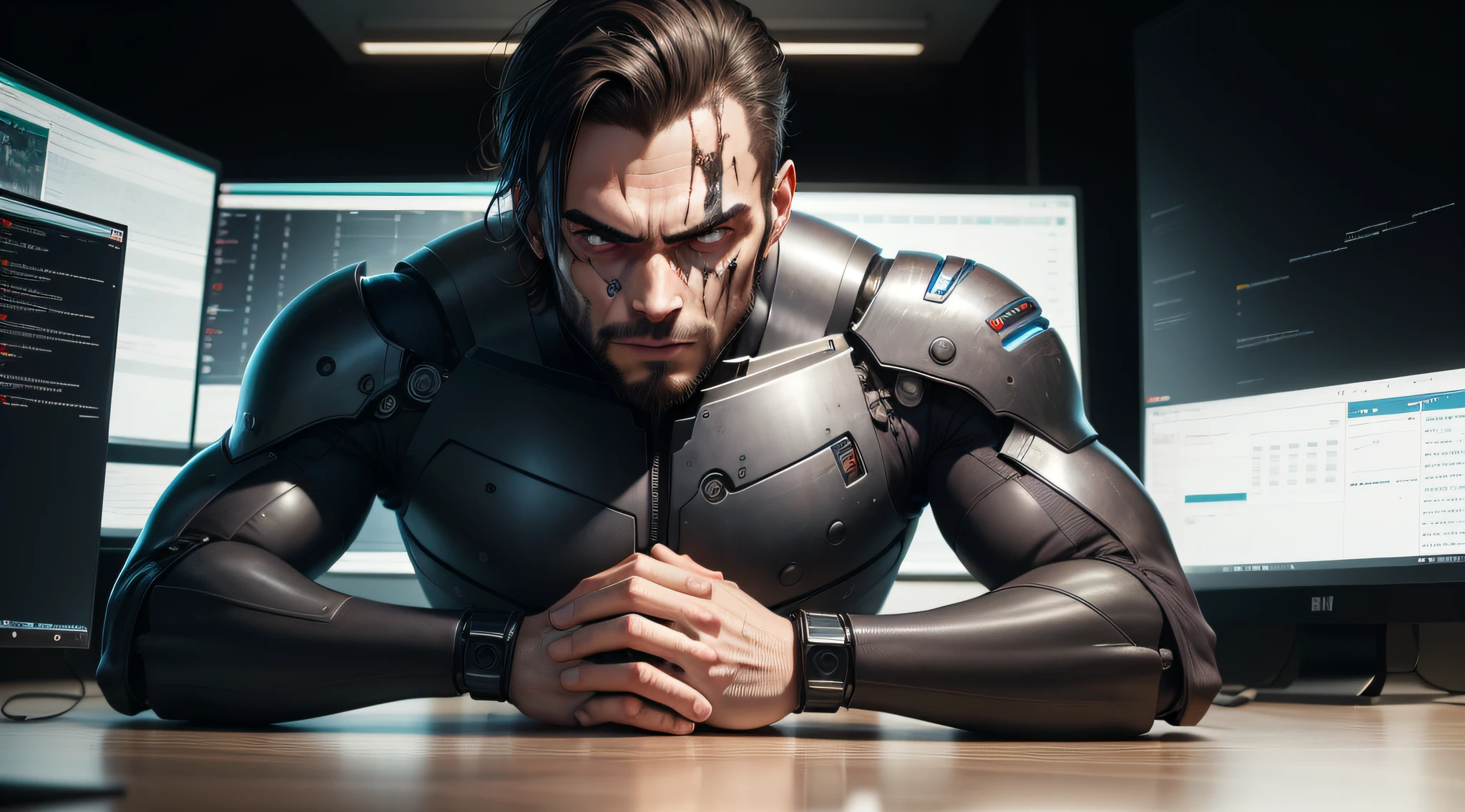 homem sentado em uma mesa com computador, this man is half human and half Cyborg, with his face split in the middle between human and robot damaged.