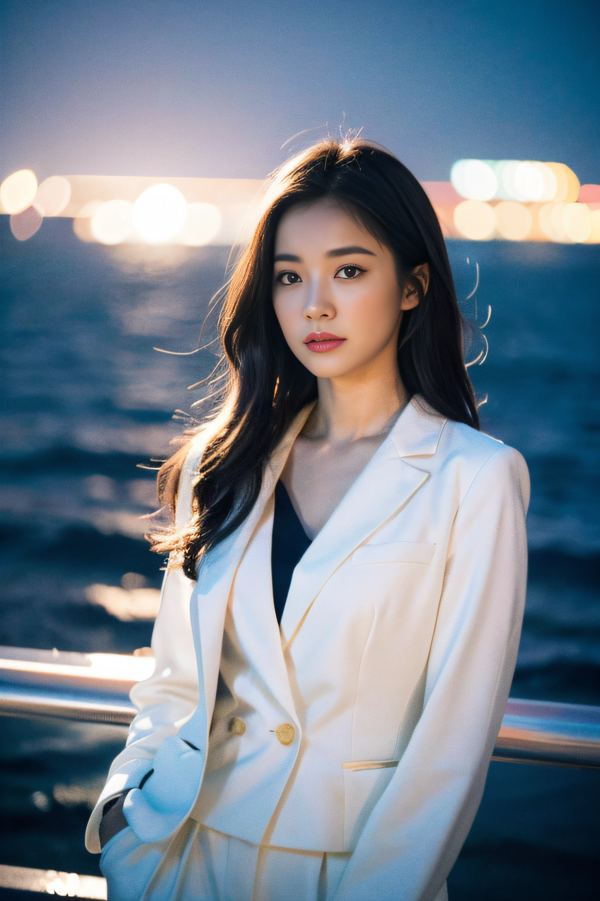 Draw a girl standing by the sea watching the night scene,🤤Japan girl warning with a serious face、頭上には 💬 吹き出しが浮いている。Cartoon style。randome pose, mix4,(8k, RAW photos, best qualtiy, tmasterpiece:1.2), (realisticlying, photograph realistic:1.37), 1girl, adolable, view over city, the night, Sateen, dampness, profesional lighting, photon maping, Radio City, physically-based renderingt, gradient black colour hair, , whaite hair, short and wavy hair, handsome, Kizi, white ball suit, High quality images, A high resolution, 1080p, (Clear face), (detailed face description), (Detailed hand description), (tmasterpiece), (exquisite CG), Extreme light and shadow,messy hair,The work of the master,rich details,(Delicate facial features),(highest quality picture),(tmasterpiece),(Detailed eyes),looking ahead with eyes,fine collar bone