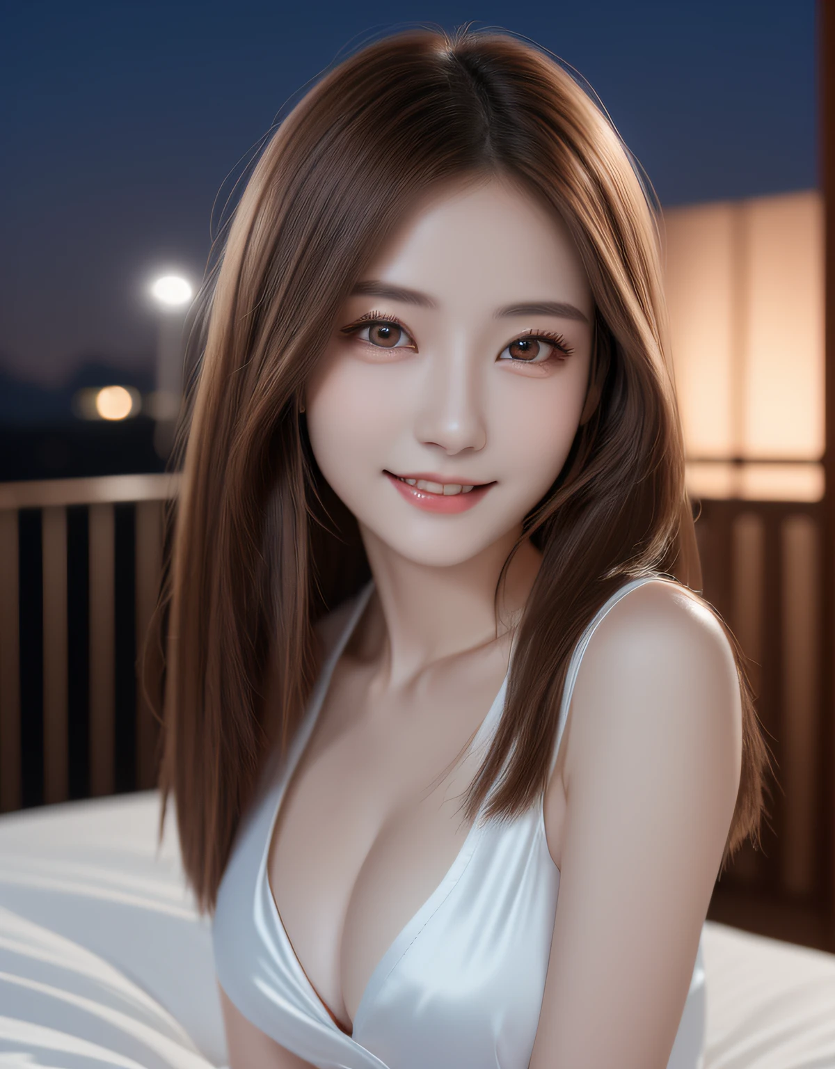 (masterpiece, Best Quality:1.37), (Realistic, Photorealistic:1.37), (ultra-highresolution:1.3), (Raw photo:1.3), (Sharp focus:1.3), shots on Canon EOS 5D Mark IV, 50 mm, F1.4, (Face Focus:1.37), extremely detailed CG Unity 8k wallpapers, (Ultra-detail:1.3), (Upper body image:1.3), break, A photo of extremely cute and beautiful TAIWAN woman, (TAIWAN idol face:1.3), (shiny brown straight thin hair:1.3), adult,  (Detailed beautiful girl:1.5), Beautiful detailed eyes, BREAK, (wearing detailed royal-blue silk chemise:1.37, black laces), (gorgeous, Attractive, classy), fcollarbone, Looking at the viewer:1.37, (largec-breasts:1.27), Slender, abs, (narrow waist:1.05), (light smile:1.27), break, (Gorgeous night view:1.37, Bedroom background:1.37, Detailed background:1.37), night bedroom, Rim Light, professional photo lighting, (Face Lighting:1.3), (face ring light:1.37), break, Photon Mapping, finely detail, vibrant details, a hyper realistic, Elegant, kneeling on bed, hand between legs,