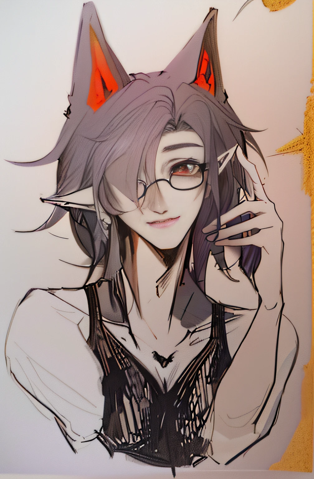 Draw a woman with glasses and a cat's head, Delicate androgynous prince, with index finger, Beautiful androgynous prince, in an anime style, 2 d anime style, long and pointed ears, anime shading), androgynous vampire, ((Portrait)), anime sketch, With glasses, as an anime character, extremely fine ink lineart