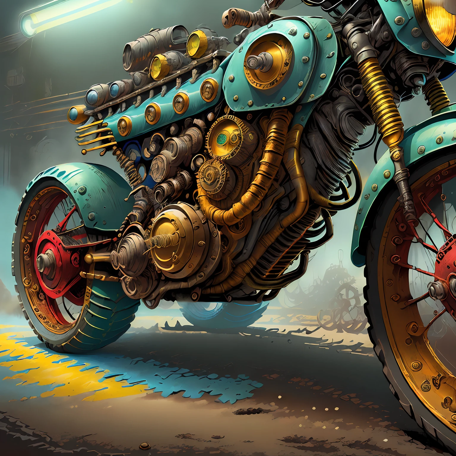 Muscle motocicleta Mad Max CogPunkAI ,cores ((,(vermelho,azul,amarelo,verde,preto)), 64 mil, (coresmetalicas brilhante ),Realismo, total view ,....2D,mega detalhes.