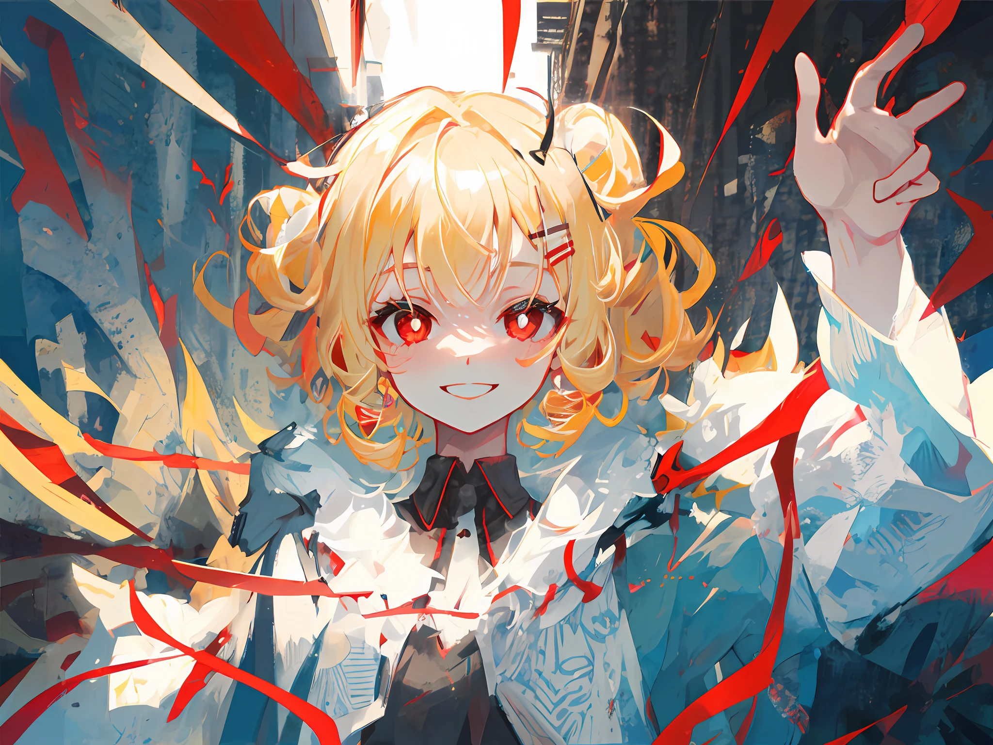 Short pale blonde curls,red pupils,With a smile