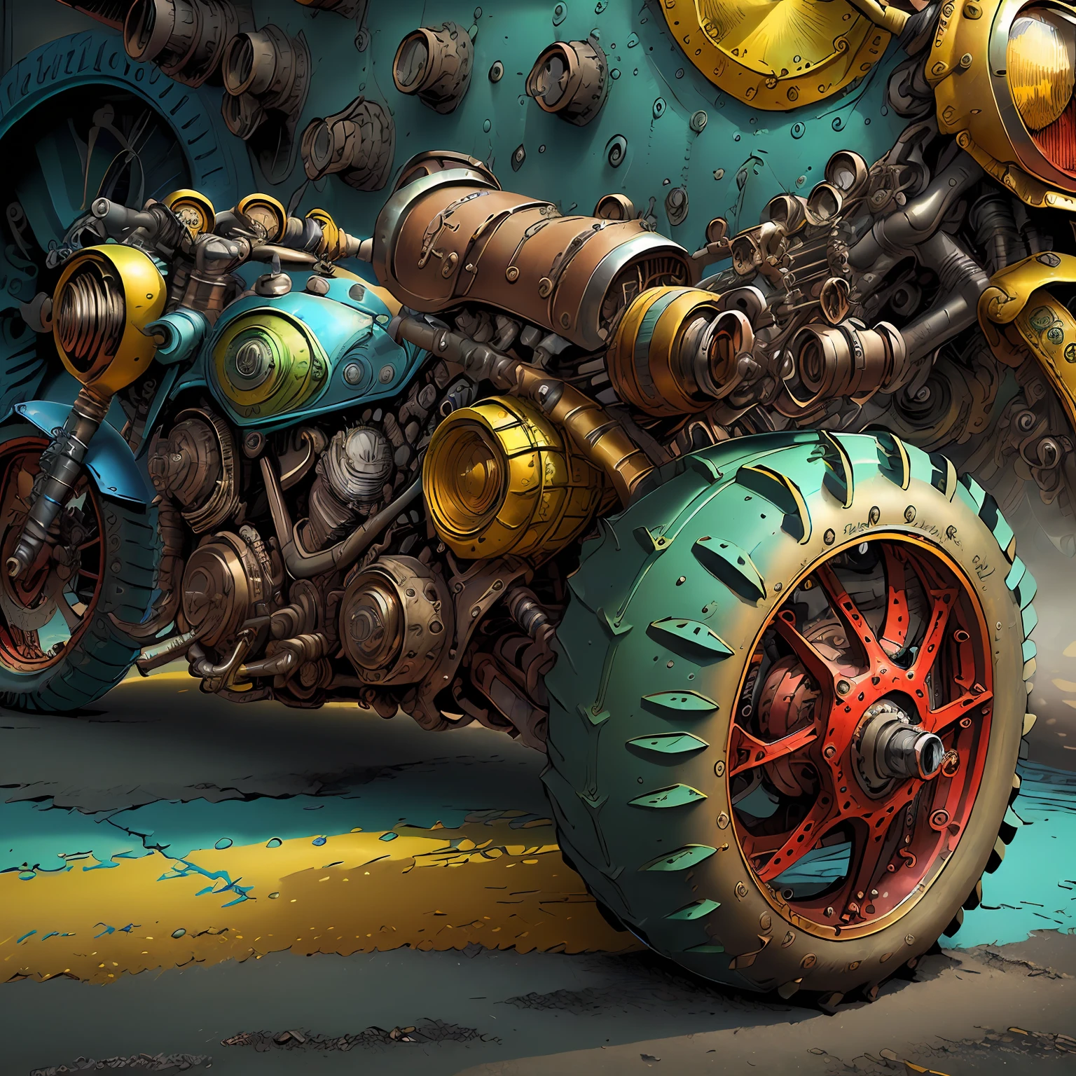 Muscle motocicleta Mad Max CogPunkAI ,cores ((,(vermelho,azul,amarelo,verde,preto)), 64 mil, (coresmetalicas brilhante ),Realismo, total view ,....2D,mega detalhes.