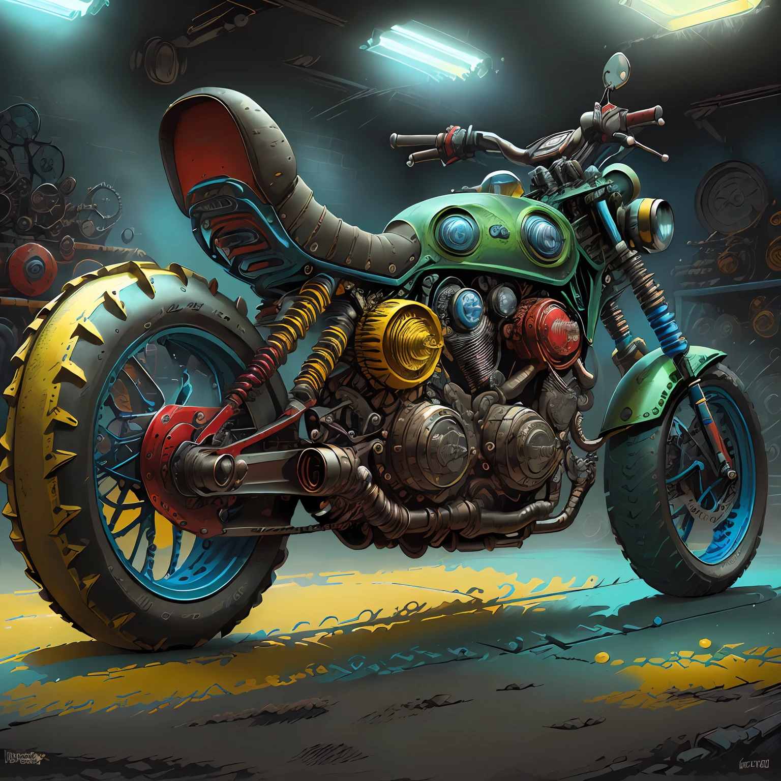 Muscle motocicleta Mad Max CogPunkAI ,cores ((,(vermelho,azul,amarelo,verde,preto)), 64 mil, (coresmetalicas brilhante ),Realismo, total view ,....2D,mega detalhes.