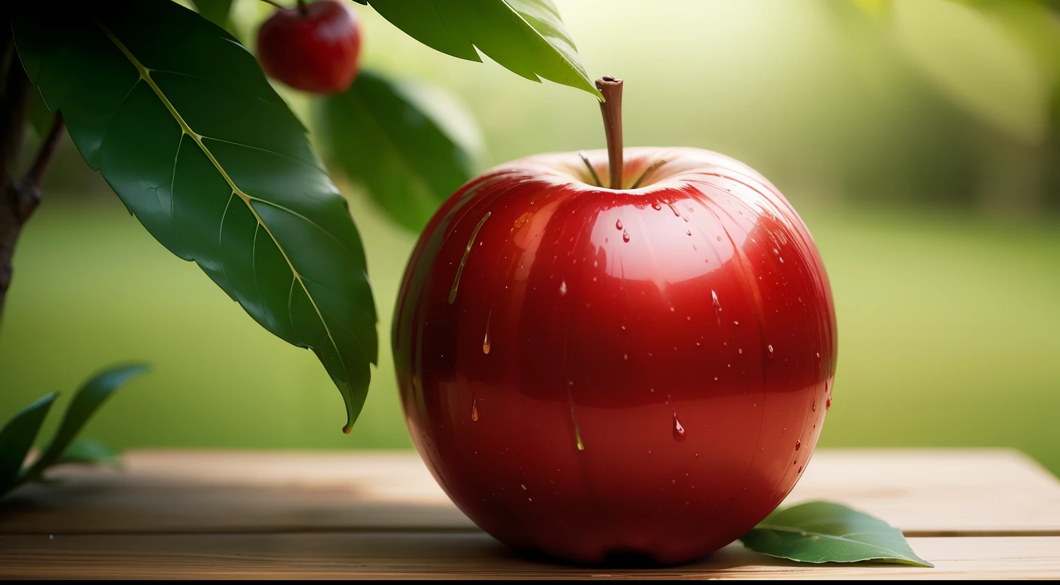 a juicy 🍎 with vibrant red color and a fresh green leaf