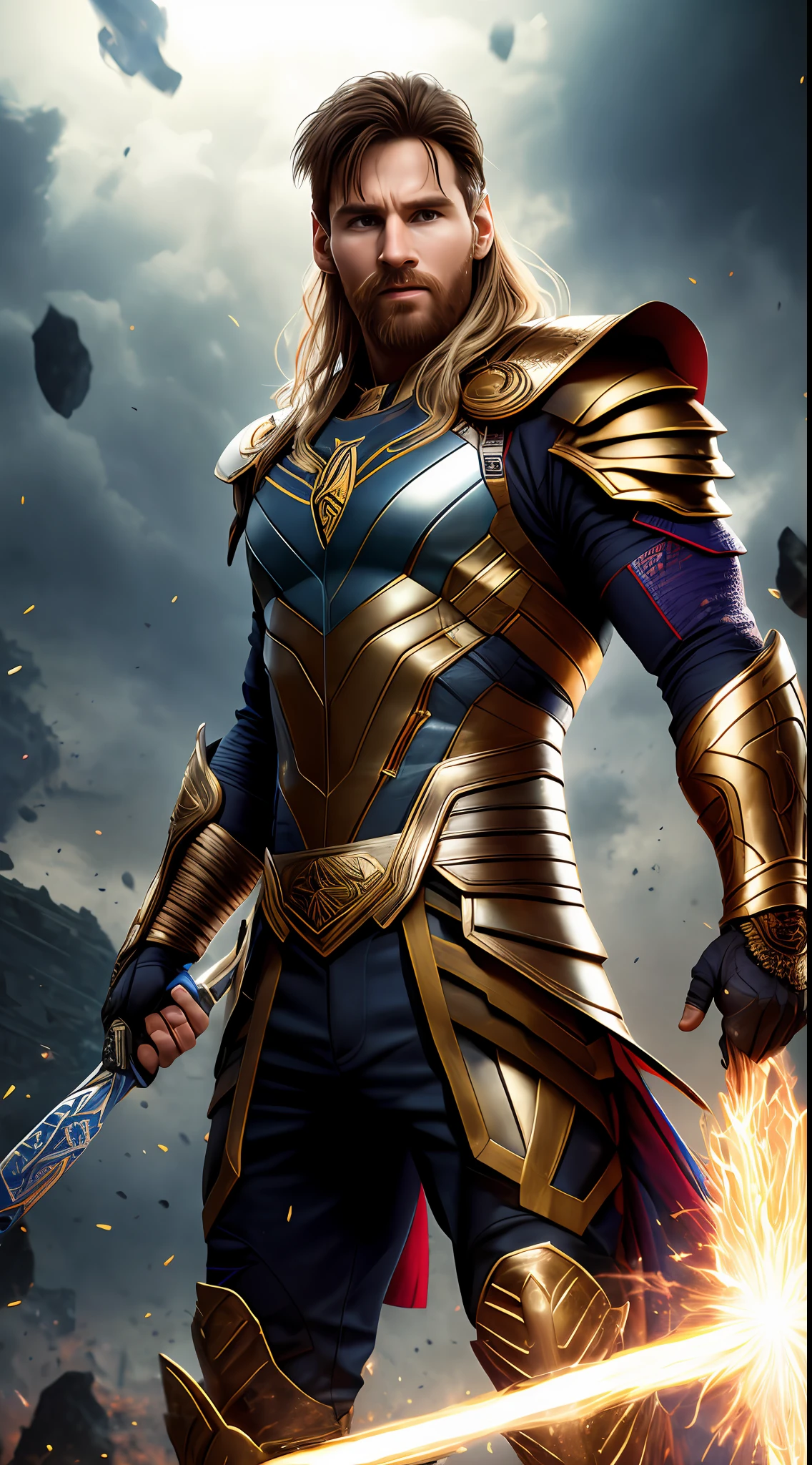 Lionel.Messi plays Marvel Thor, the god of thunder,Right hand raised,Wearing Thor armor,The armor is stamped with the Miami International team crest,(skin indentation:1.5), realisticlying, realisticlying, (Masterpiece:1.5), concept-art, intricately details, Highly detailed, realisticlying, rendering by octane, 8K, unreal-engine, dynamicposes, Best quality at best, A high resolution, (photorealiscic face:1.1), (Hyper-realistic:1.1), ((full_Body)), (very highly detailed background), ((Dynamic background) ), ((salama)), (llight rays), ((Lionel.Messi)), ((Detailed eyes, High quality eyes, High quality face)), Cast lightning, eletric, rotating flame, Radiant force, spark of light, smog, magia, ((Dramatic)), Epic, battlefiled, depth of fields, Background bokeh, 4K, gotik, ashes, Particle,Sharp eyes,