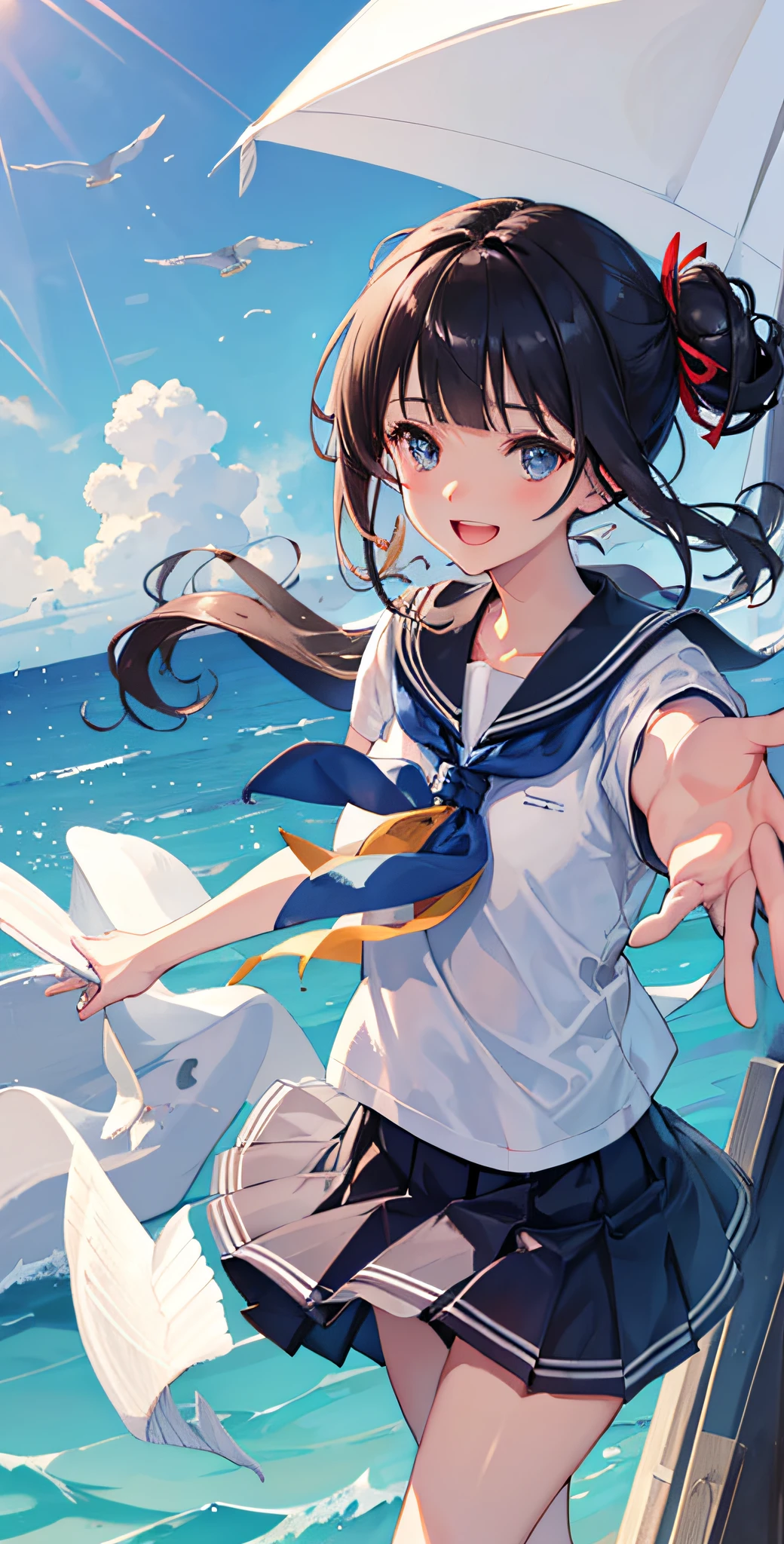 shizuka mogami (million live), (best quality, 8K, masterpiece, ultra detailed:1.2), dynamic pose, cinematic angle, cowboy shot, light particles, sparkle, beautiful detailed eyes, shiny skin, shiny hair, day, dappled sunlight, blue sky, beautiful clouds, beach, wide shot, depth of field, blurry, sailing boats, ocean, seagull, islands in distance, 1girl, solo, black hair, long hair, blue eyes, blunt bangs, sidelocks, half updo, hime cut, hair ribbon, skirt, smile, cute, happy, open mouth, sailor collar, shirt, pleated skirt, short sleeves, :d, school uniform, serafuku, collarbone, ribbon, bow, outstretched arms,