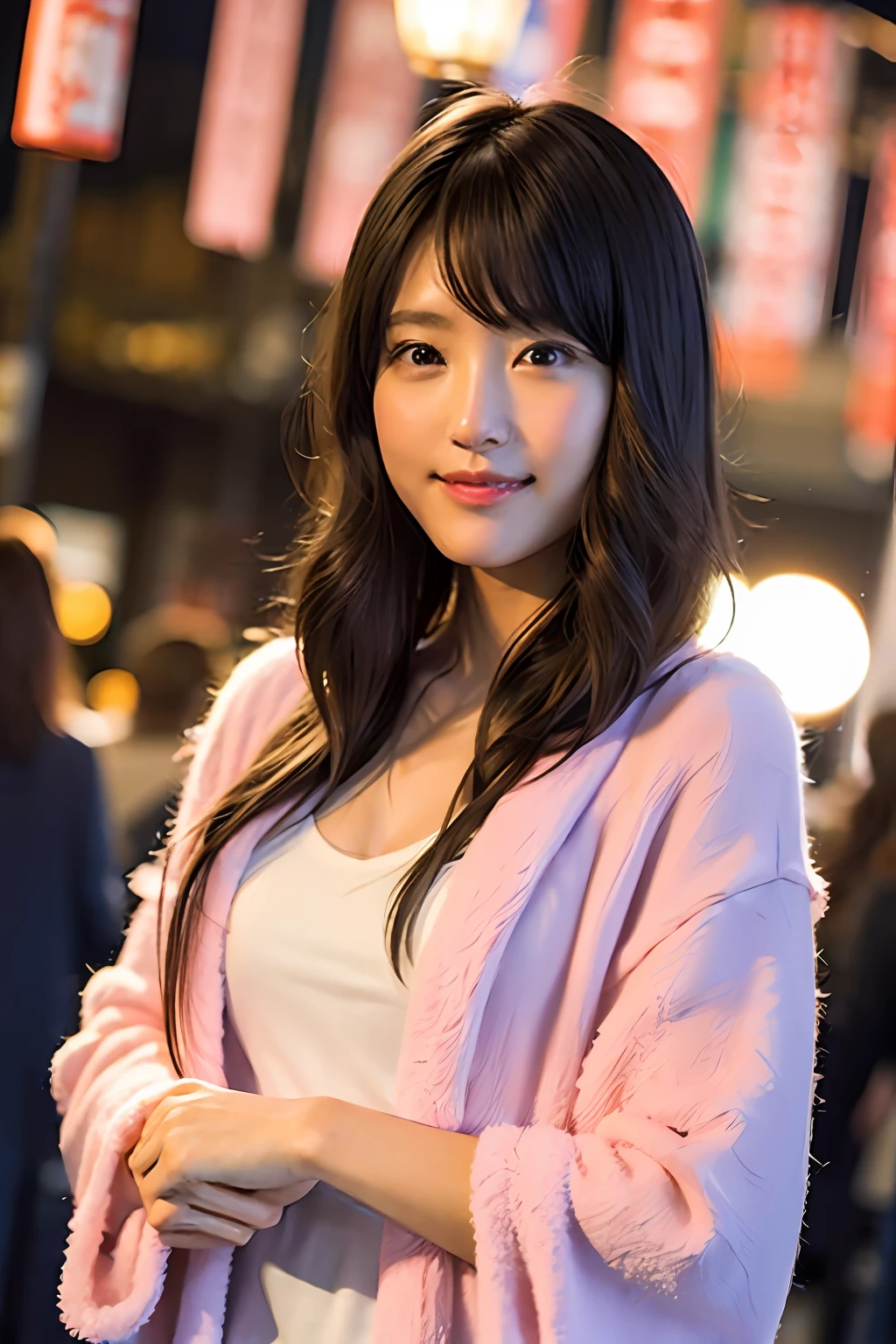 (8k、RAW Photography、top-quality、masterpiece:1.2)、(realisitic、Photorealsitic:1.37)、ultra-detailliert、超A high resolution、女の子1人、see the beholder、beautifull detailed face、a smile、Constriction、(slim waist) :1.3)、The shirt、Beautiful detailed skin、Skin texture、floated hair、profetional lighting、summer evening、japanese festival、bathrobe、Cotton candy