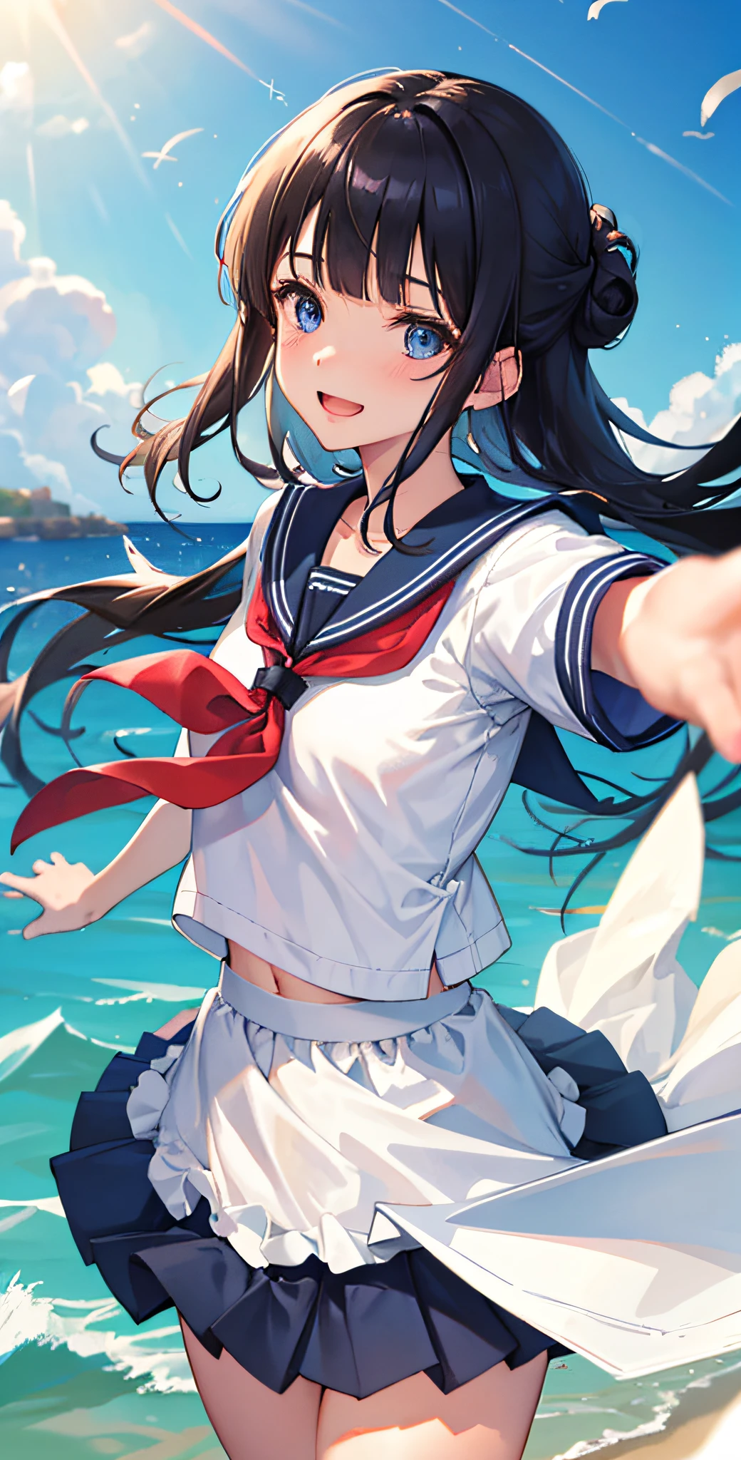 shizuka mogami (million live), (best quality, 8K, masterpiece, ultra detailed:1.2), dynamic pose, cinematic angle, cowboy shot, light particles, sparkle, beautiful detailed eyes, shiny skin, shiny hair, day, dappled sunlight, blue sky, beautiful clouds, beach, wide shot, depth of field, blurry, sailing boats, ocean, seagull, islands in distance, 1girl, solo, black hair, long hair, blue eyes, blunt bangs, sidelocks, half updo, hime cut, hair ribbon, skirt, smile, cute, happy, open mouth, sailor collar, shirt, pleated skirt, short sleeves, :d, school uniform, serafuku, collarbone, ribbon, bow, outstretched arms,