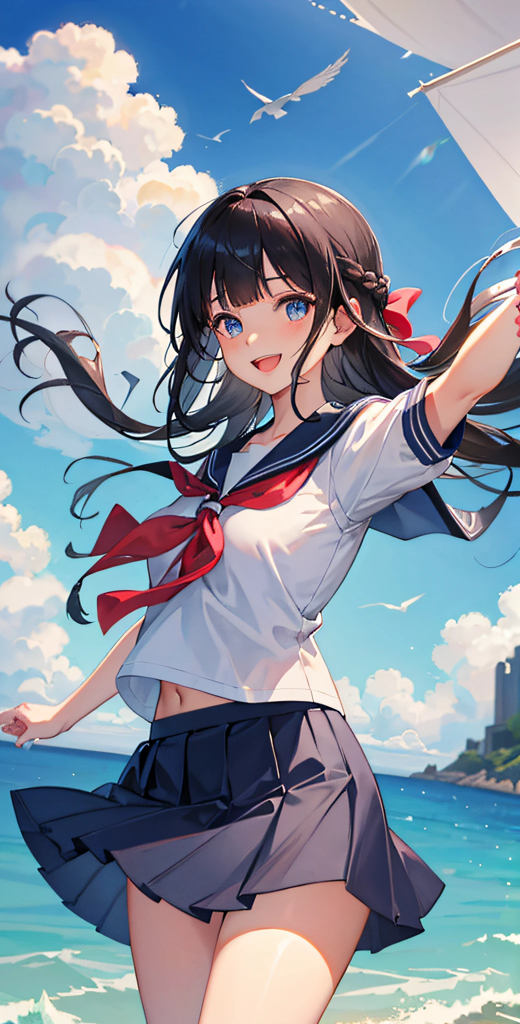 shizuka mogami (million live), (best quality, 8K, masterpiece, ultra detailed:1.2), dynamic pose, cinematic angle, cowboy shot, light particles, sparkle, beautiful detailed eyes, shiny skin, shiny hair, day, dappled sunlight, blue sky, beautiful clouds, beach, wide shot, depth of field, blurry, sailing boats, ocean, seagull, islands in distance, 1girl, solo, black hair, long hair, blue eyes, blunt bangs, sidelocks, half updo, hime cut, hair ribbon, skirt, smile, cute, happy, open mouth, sailor collar, shirt, pleated skirt, short sleeves, :d, school uniform, serafuku, collarbone, ribbon, bow, outstretched arms,