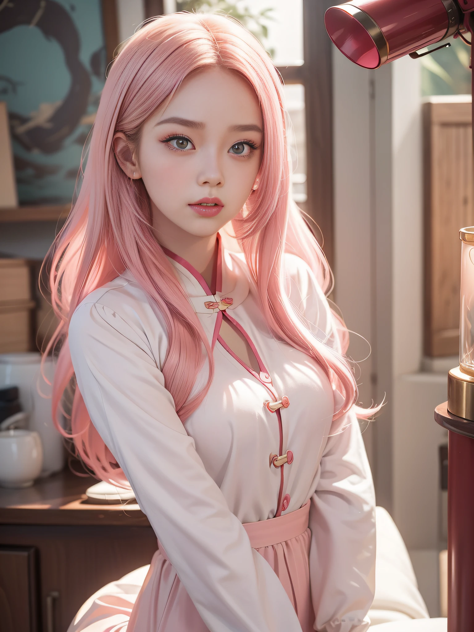 Long Light Hair，close to face，Chinese big eyes girl with lipstick on her lips, Realistic scene style, Light pink and light maroon, I can't believe how beautiful this is, pixar-style,  pixar-style, pixar-style, pixar-style,Light white and dark pink, cartoon character