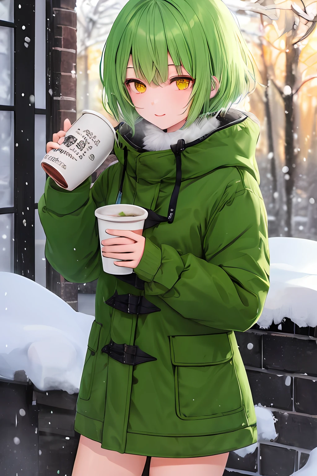1girl, bright green hair, short hair, wearing green winter chlotes, yellow eyes, snowing, drinking hot chocolate, masterpiece, best illustration, best manga