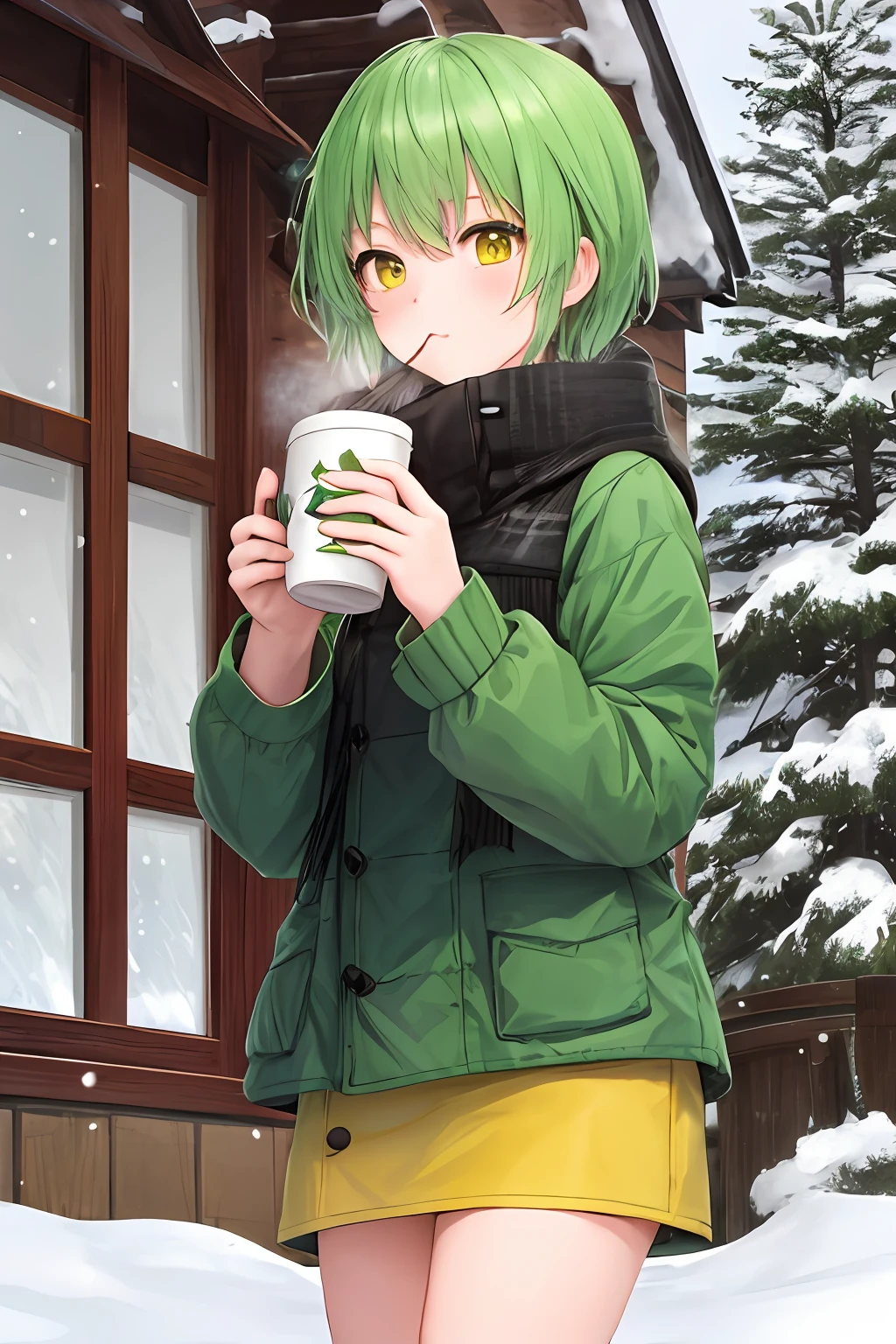 1girl, bright green hair, short hair, wearing green winter chlotes, yellow eyes, snowing, drinking hot chocolate, masterpiece, best illustration, best manga