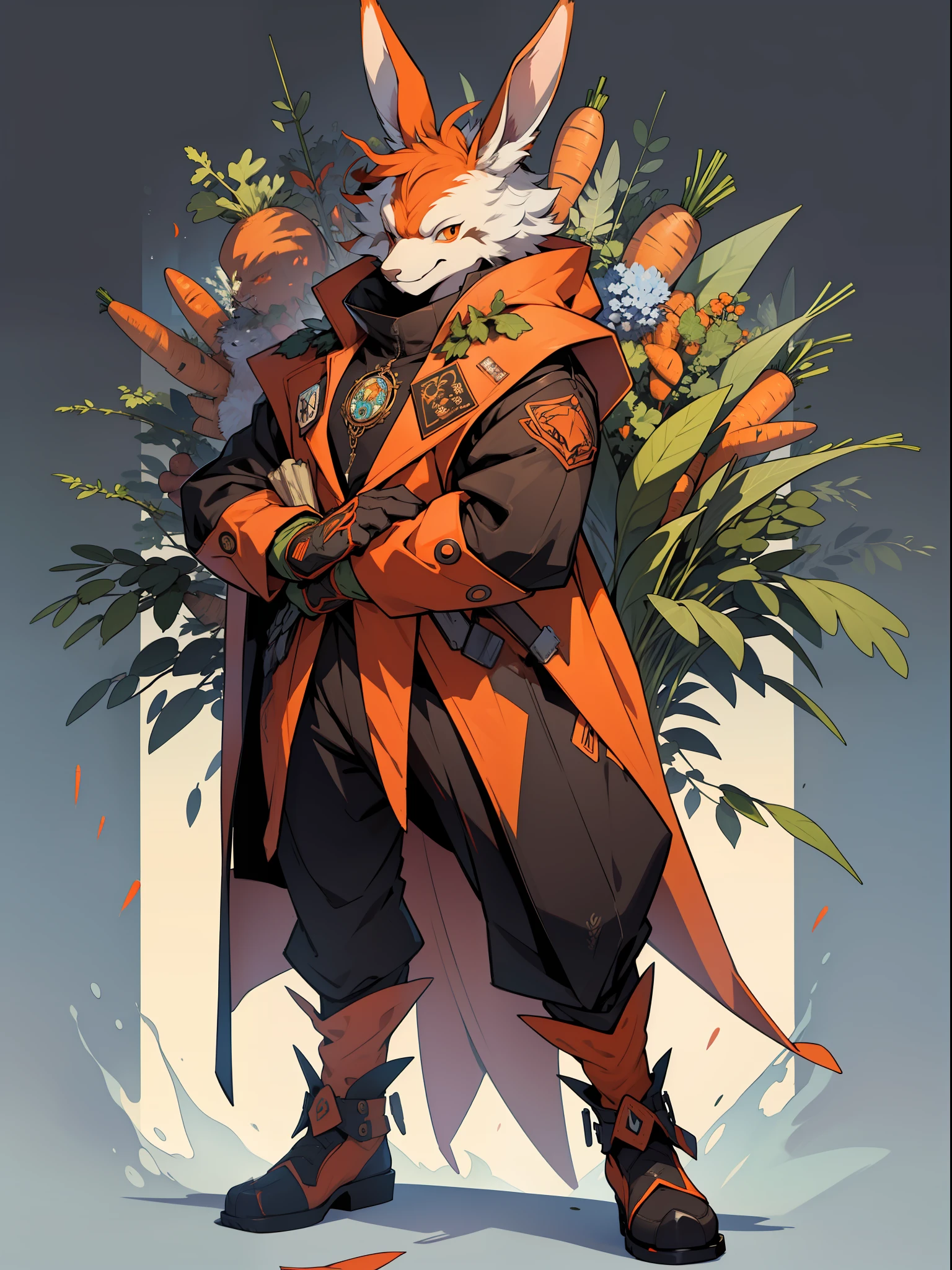 ((top-quality))、((tmasterpiece))、((Full body photo of a male monster))、((very simple background))、(Game character design)、Carrot anthropomorphic monster、monster design,(The leaves and carrots blend in with the body design,Carrot side dish)、Cartoony、Beastman、Ornaments with carrot motifs、cyber punk perssonage、Olette、独奏、Fighting posture
