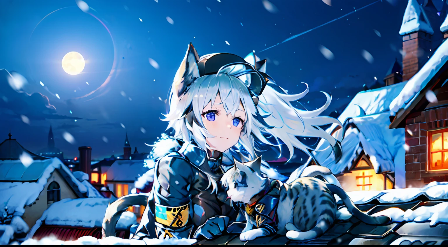 girls, white hair, cat ears, jacket white and black, rooftop, facing the sky, use hat blue, armband yellow, night time, long hair, snowing, gloves