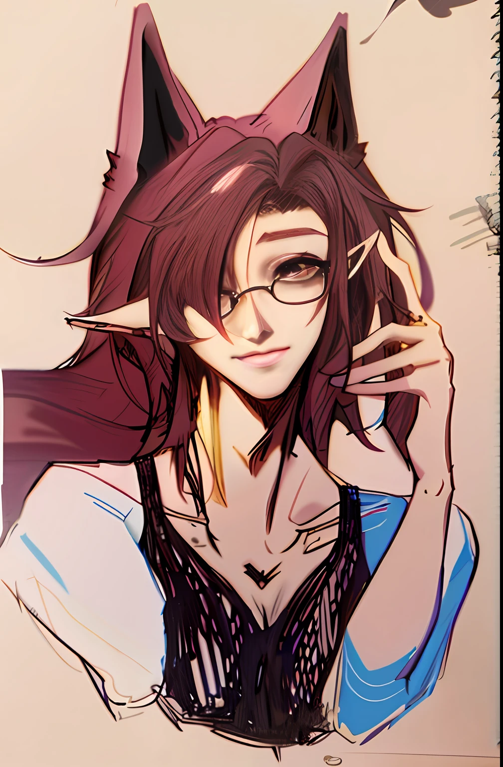 Draw a woman with glasses and a cat's head, Delicate androgynous prince, with index finger, Beautiful androgynous prince, in an anime style, 2 d anime style, long and pointed ears, anime shading), androgynous vampire, ((Portrait)), anime sketch, With glasses, as an anime character, extremely fine ink lineart