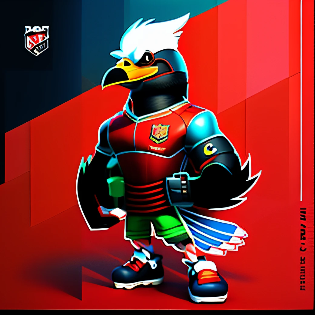 REPRODUCE THE FOLLOWING DRAWING IN HIGH RESOLUTION, DETALHADO EM HD, IN 3 VIEWING ANGLES PERSPECTIVE BEING FROM THE FRONT , BACK AND PROFILE cartoon of a bald eagle in a red and blue shirt, Mascot illustration, mascote da equipe esportiva, mascote do futebol, mascote de corpo inteiro, mascote esportivo, with an eagle emblem, Estilo Mohamed Chahin, inspirado em Oswaldo Viteri, anthropomorphic bird, No estilo de Kyrill Kotashev, inspirado em Jules Tavernier, official character illustration, abutre