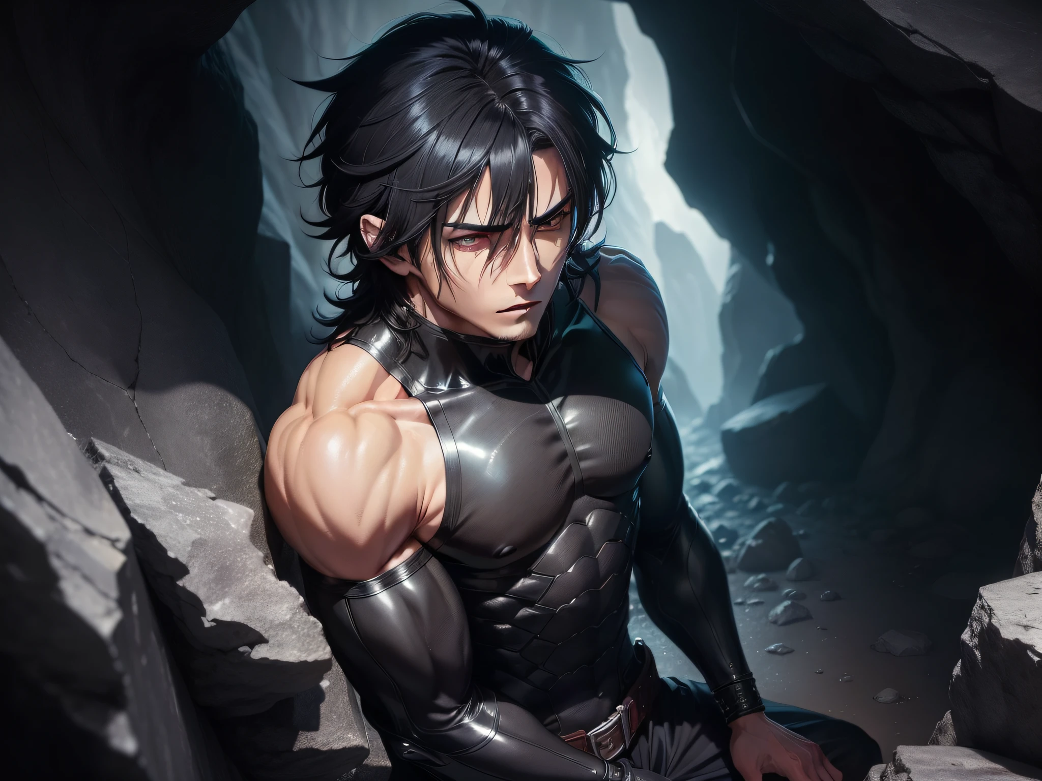(Very detailed anime male:1.5)，black color hair，eyes with brightness，In a dark cave，Expressions of helplessness and despair，Broken cave walls，Weak light