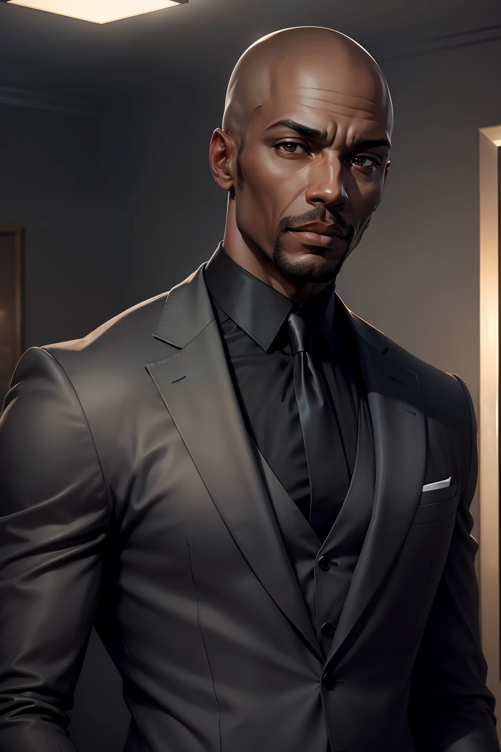 (realism:1.2|very realistic:1.2),(best quality|high quality|excellent quality), ULTRA REALISTIC, bald black man, mysterious shadows, neutral facial expression, front body posture, wearing elegant silver suit, structure of objects in highlight, warm and dark tones, marked and detailed textures,