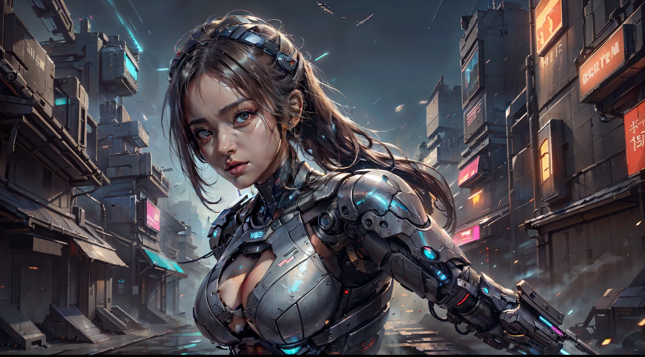 Girl in futuristic suit holding weapon,In front of the city of gunsmoke,Gunsmoke Street,battlefiled, Real women,Real face,cute female child, The perfect cyborg girl, (big breasts beautiful: 1.4),(carismatic:1.3),beautiful girl cyborg,CG,4K,dramatics,Large breasts,the night,Raised sexy,cyber punk perssonage,(Close portrait:1.3),dynamicposes,serious