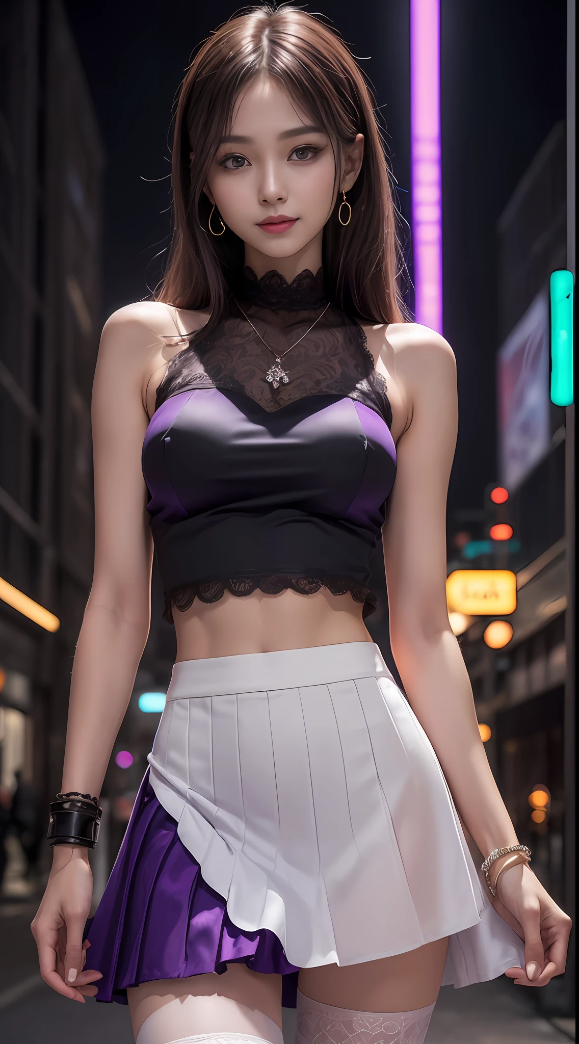 8k, masterpiece, RAW photo, best quality, photorealistic, extremely detailed CG unity 8k wallpaper, Depth of field, Cinematic Light, Lens Flare, Ray tracing, (extremely beautiful face, beautiful lips, beautiful eyes), intricate detail face, ((ultra detailed skin)) 1girl, in the dark, deep shadow, pretty korean girl, kpop idol,(very slim slender fit-muscled body:1.3), ((looking at viewer)),(big smile:1.3), (tight mini skirt, sleeveless), (fashion city night, (neon sign), (big building), fashion street night),(no people), (without people in the background:1.3), pretty korean girl, white diamond earrings, dia bracelets, dia necklace, pantyhose, clear eyes, walking , front shot, (pale skin), face forward, (big eyes), ((upper body shot)), ((silk Laced)), ((black, purple color skirt:1.3)), (brown hairs) (looking at viewer:1.3), (see through), (laced panty), open breast, very slim, medium breasts, have a sheen nipples