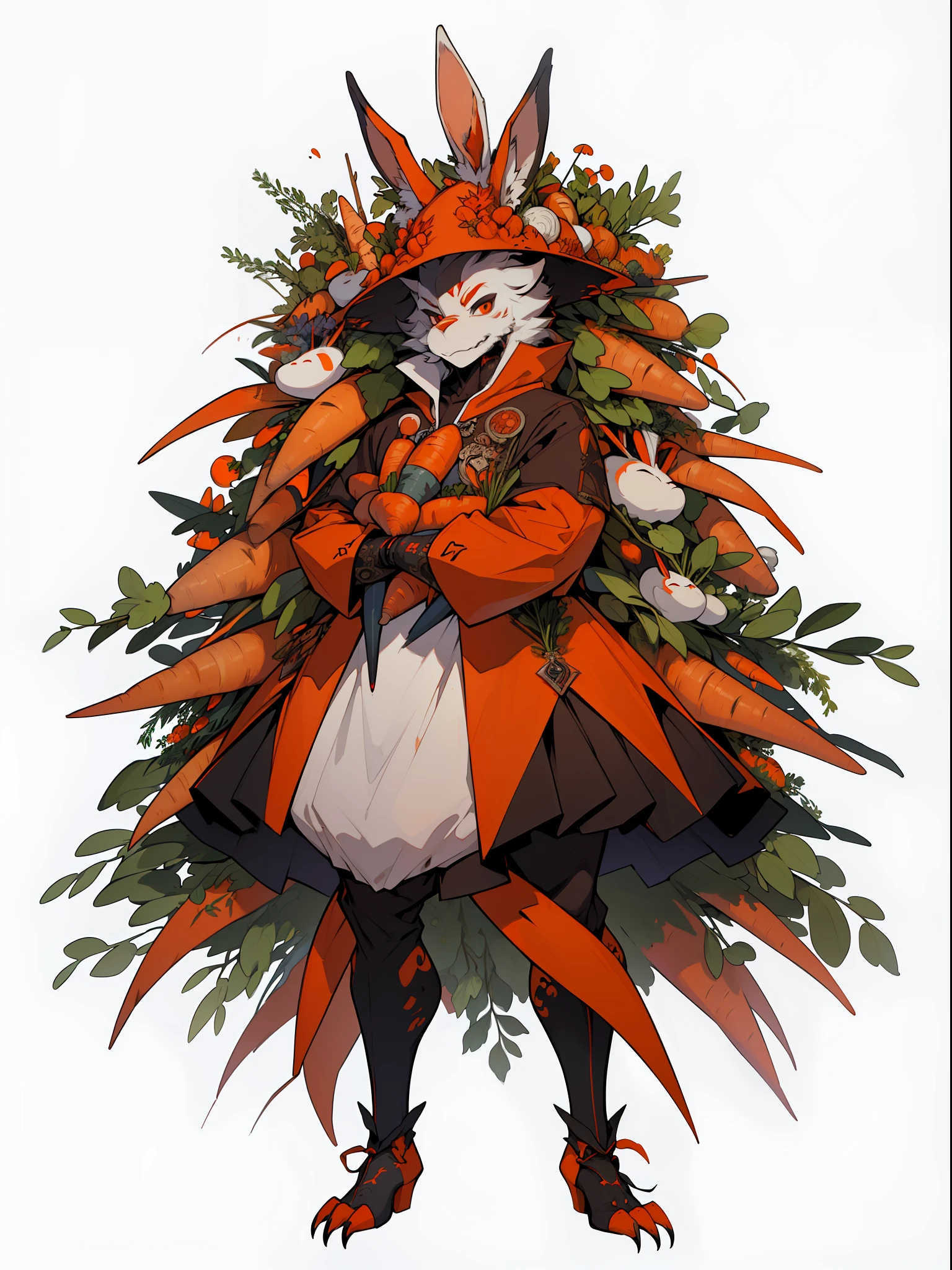 ((top-quality))、((tmasterpiece))、((Full body photo of male monster))、((very simple background))、(Game character design)、Carrot anthropomorphic monster、monster design,(Leaves and carrots blend in with the body design,Carrot side dish)、Cartoony、Beastman、Ornaments with carrot motifs、cyber punk perssonage、Olette、独奏、Fighting posture