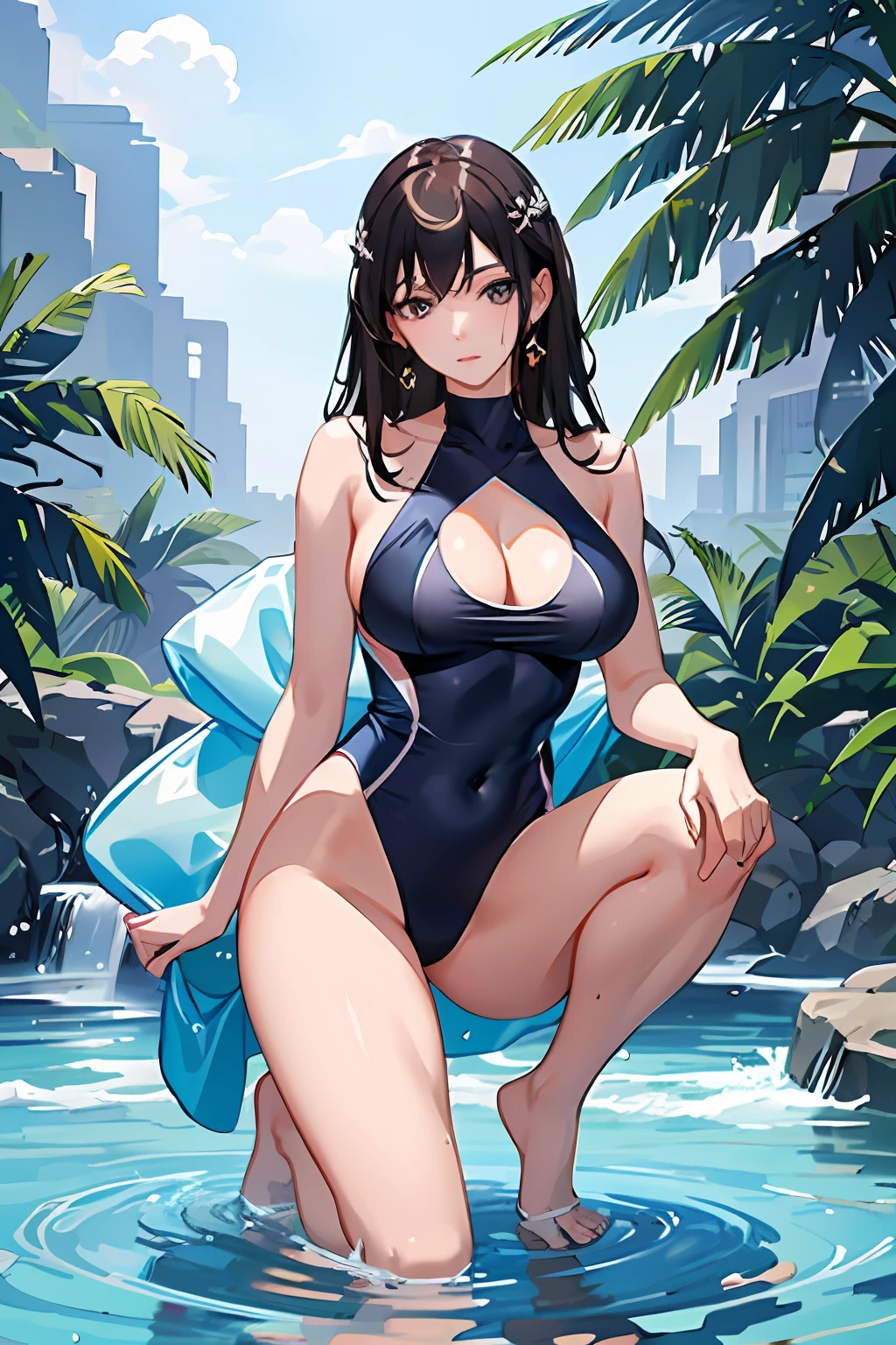 A masterpiece，tmasterpiece，Super realistic，1girll，Beautiful Korean actress，A meticulous face，A detailed eye，二重まぶた，Get wet，Large breasts，Transparent three-point swimsuit，Abs，Spread your thighs apart，crouched，rained，Drenched，Super fitted