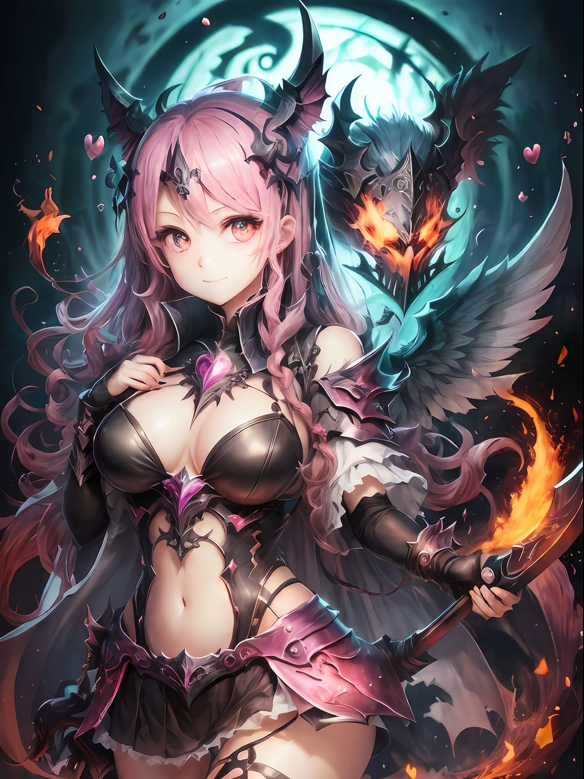 A pink-haired。Twin-tailed。a miniskirt。耳Nipple Ring。demonic wings。barechested。Fallen Angel。Yami Ochi。Evil Sickness。Diabolical。youngest son。Witches。Luminous Eyes。kosmos。Heart-shaped chest。Kama of the Grim Reaper。large Scythe。Heart logo。huge smile。Large Kama Weapon。Flame element。Flame Magic。Flame Weapon。(Award-winning digital works:1.3)(Sketched:1.3)、(Energetic:1.3)、cgsociety、art stations、(chroma:1.3)、(close portrait:1.3)、(femele:1.4)、(Beautiful fece:1.4)、(carismatic:1.3)、Elaborate Eyes、Studio Lighting、Theme Background