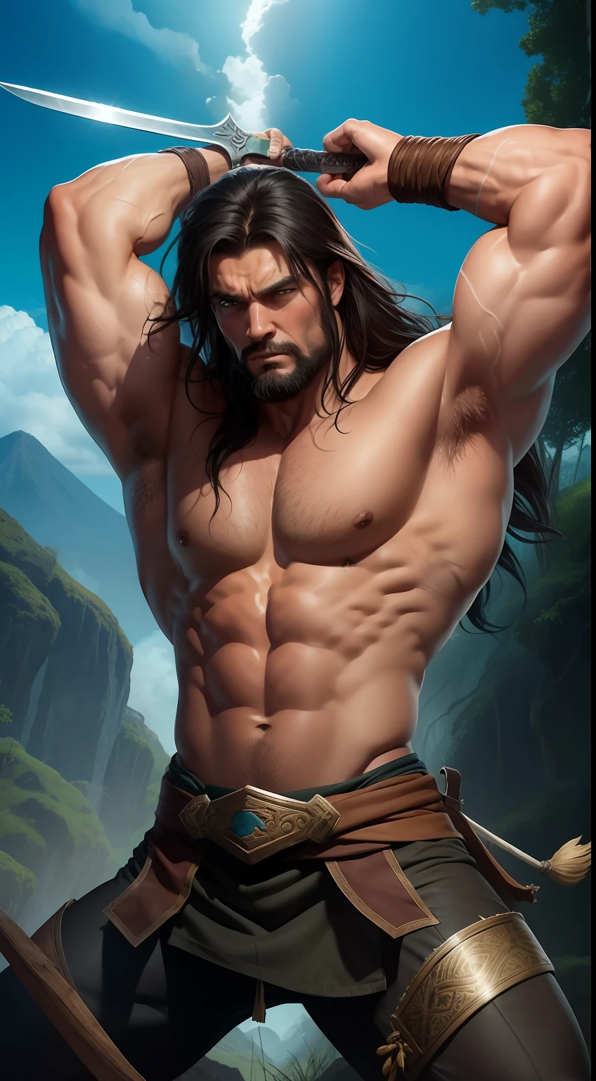 Conan, The legendary barbarian, He has an imposing and muscular physique. He's tall and athletic, with strong arms and broad pectoral. Their hair is long and black, e sua barba espessa e bem cuidada acrescentam uma aura selvagem ao seu olhar penetrante. His eyes are an intense blue, Conveying courage and determination.

[2] As for clothes, Conan wears a sturdy leather tunic, that leaves your chest and arms on display, Underscoring His Strength and Masculinity. He wears leather pants, Sturdy boots and belts adorned with tribal symbols. Ademais, ele carrega uma capa de pele de lobo nas costas, which protects you from the cold and also contributes to your fierce gaze.

The scenery is a wild and primitive landscape, com montanhas imponentes ao fundo, and ancient trees stretching to the horizon. The sky is intense blue, sem nuvens, giving a sense of vastness and freedom. The environment is full of lush nature and hidden dangers, como se a qualquer momento uma fera selvagem pudesse surgir.

[4] Conan's pose is challenging and powerful. He wields his two-handed sword firmly, with the blade pointed upwards, como um verdadeiro guerreiro pronto para o combate. Your muscles are tense, prepared to react to any threat that may arise. His expression is serious and concentrated, revelando toda a sua coragem e destreza como guerreiro.

The style of the image will be a realistic and detailed painting, with an emphasis on the character's muscles and facial expressions. The predominant colors will be earthy and natural tones, como marrom, verde e azul, underline the wild and primitive scenery of the setting.

[6] The image will be created using digital painting techniques, com um acabamento realista e detalhado. Light and shadow effects will be applied to create a dramatic and engaging atmosphere, which highlights Conan's strength and bravery, the Barbarian. The end result will be a stunning and powerful image, which captures the whole essence and spirit of the legendary.