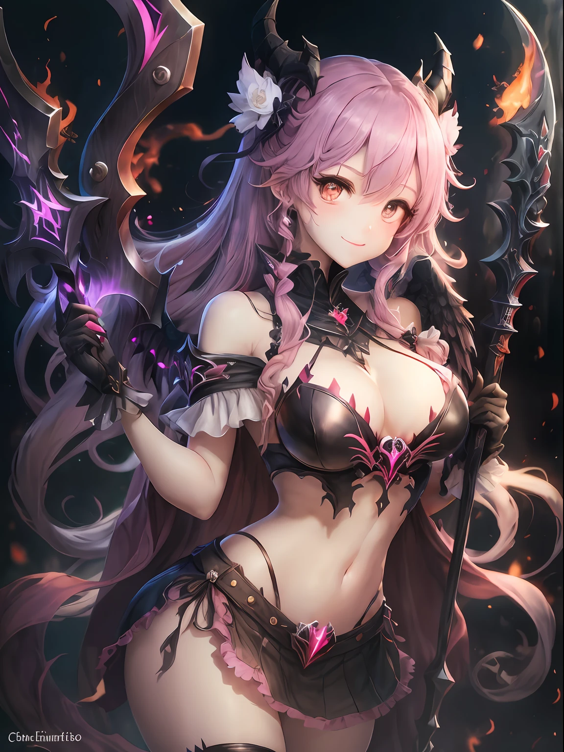 A pink-haired。Twin-tailed。a miniskirt。耳Nipple Ring。demonic wings。barechested。Fallen Angel。Yami Ochi。Evil Sickness。Diabolical。youngest son。Witches。Luminous Eyes。kosmos。Heart-shaped chest。Kama of the Grim Reaper。large Scythe。Heart logo。huge smile。Large Kama Weapon。Flame element。Flame Magic。Flame Weapon。(Award-winning digital works:1.3)(Sketched:1.3)、(Energetic:1.3)、cgsociety、art stations、(chroma:1.3)、(close portrait:1.3)、(femele:1.4)、(Beautiful fece:1.4)、(carismatic:1.3)、Elaborate Eyes、Studio Lighting、Theme Background