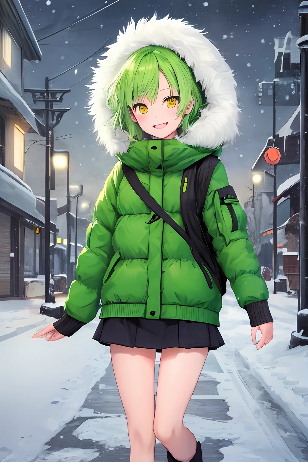 1girl, bright green hair, short hair, wearing green winter jacket, yellow eyes, snowing, smile, cute, masterpiece, best illustration, best manga