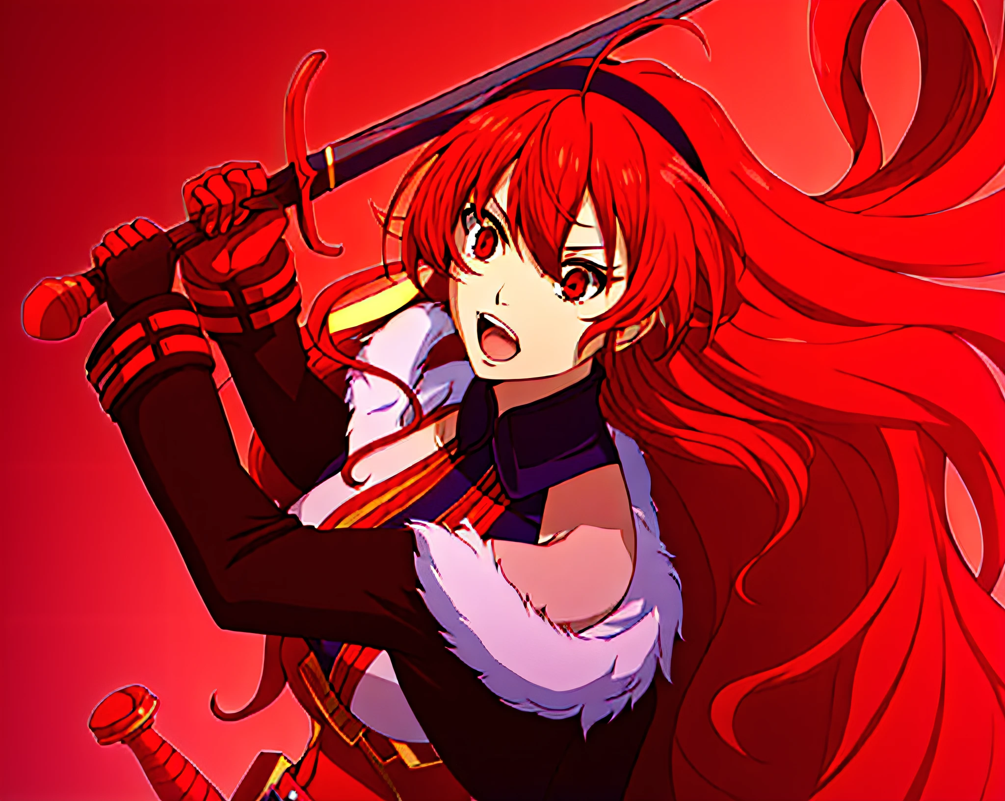 ****** do anime com cabelo vermelho segurando uma espada e uma espada, badass anime 4 k, female action anime girl, Rias Gremory, uma mulher berserker muito bonita, female redhead templar, personagem de anime feminino, Impacto de Ayaka Genshin, Erza Scarlet como uma pessoa real, estilo anime como destino/noite de estadia, portrait of a female anime hero