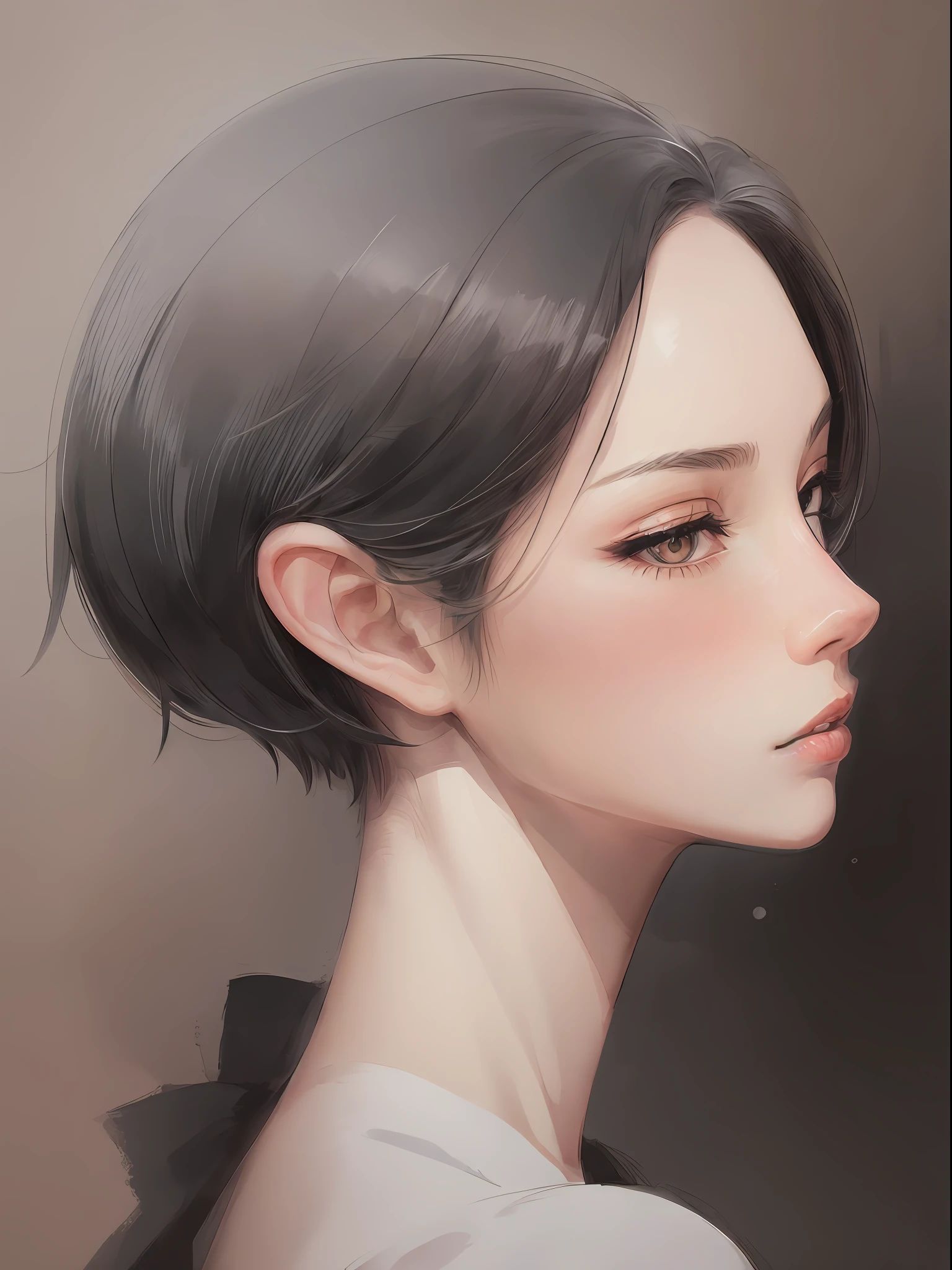 A black and white painting of a woman with short hair, anime girl portrait profile, anime girl profile, detailed portrait of an anime girl, drawn in a noir style, Black and white illustration, portrait of anime woman, Pink skin