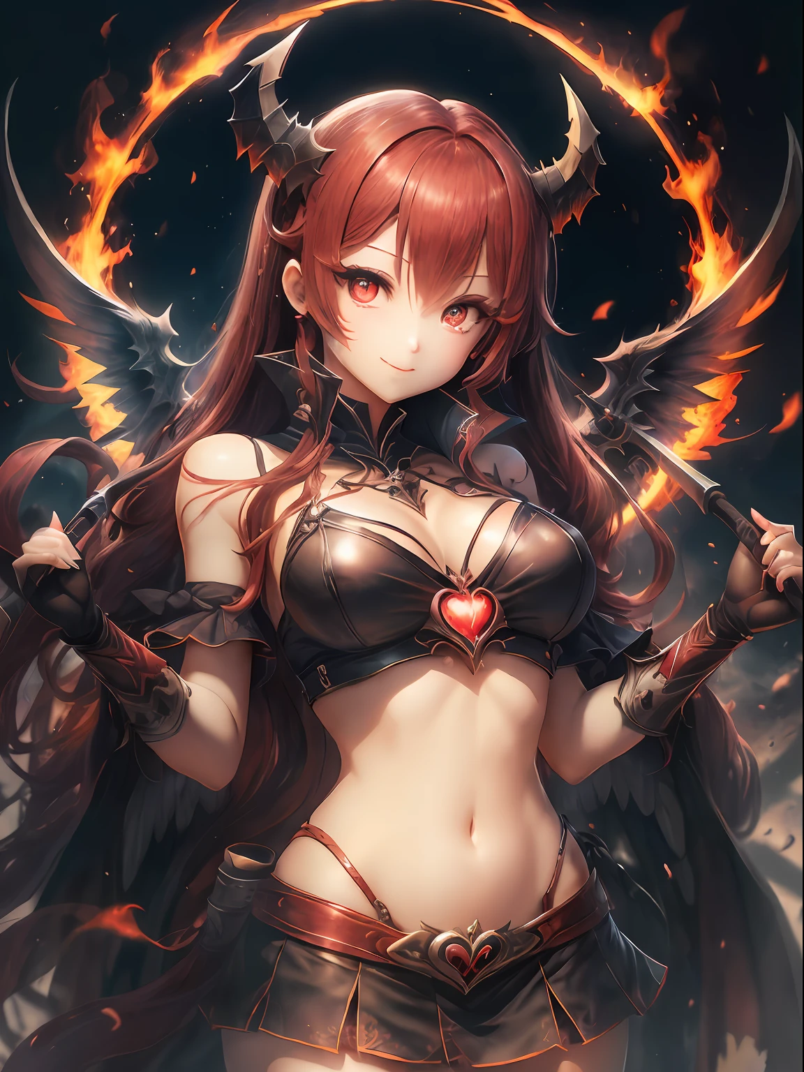 red hairs。Twin-tailed。a miniskirt。耳Nipple Ring。demonic wings。barechested。Fallen Angel。Yami Ochi。Evil Sickness。Diabolical。youngest son。Witches。Luminous Eyes。kosmos。Heart-shaped chest。Kama of the Grim Reaper。large Scythe。Heart logo。huge smile。Large Kama Weapon。Flame element。Flame Magic。Flame Weapon。(Award-winning digital works:1.3)(Sketched:1.3)、(Energetic:1.3)、cgsociety、art stations、(chroma:1.3)、(close portrait:1.3)、(femele:1.4)、(Beautiful fece:1.4)、(carismatic:1.3)、Elaborate Eyes、Studio Lighting、Theme Background