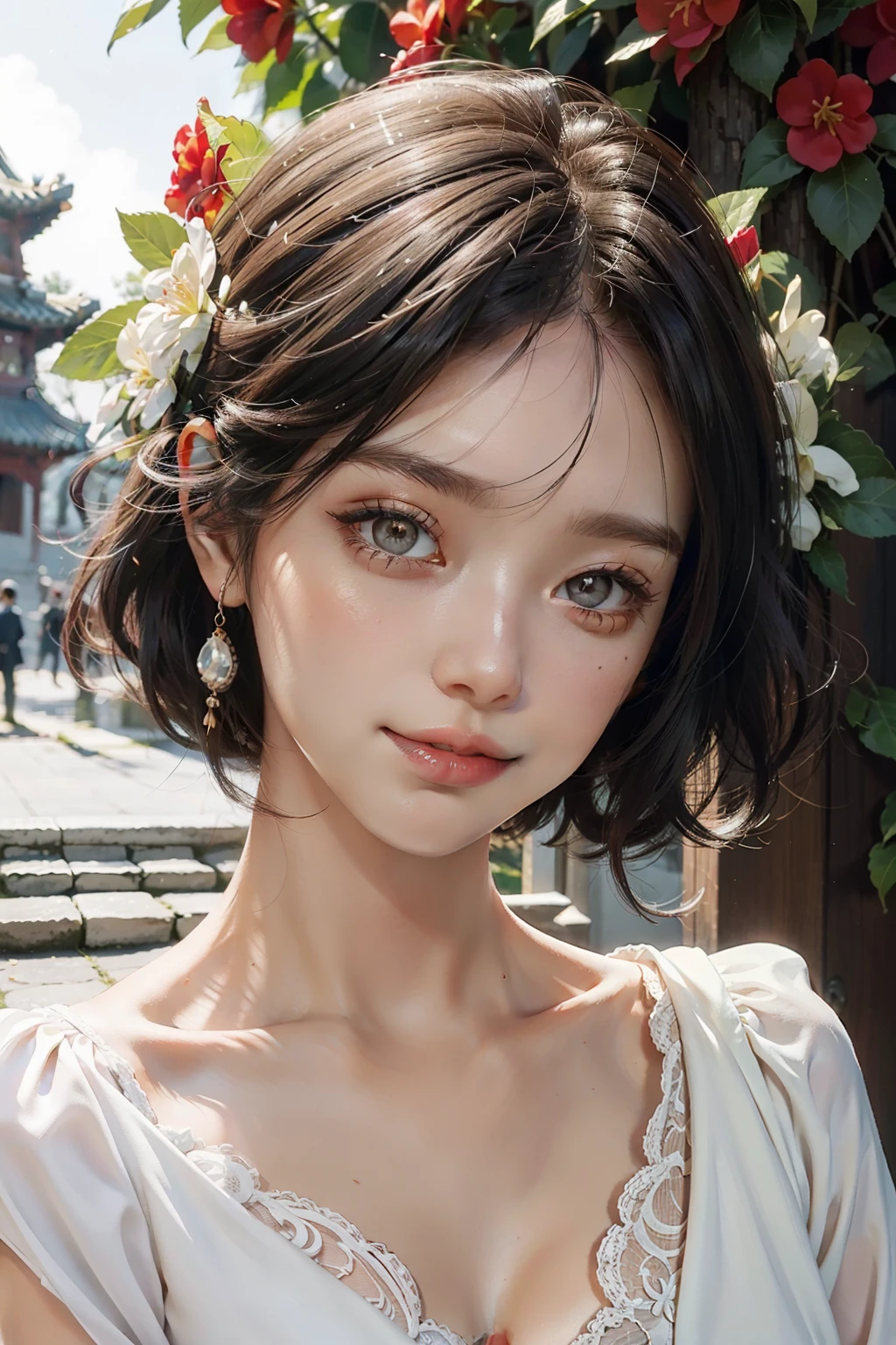 best qualtiy，tmasterpiece，超高分辨率，（真实感：1.4），RAW photogr，1girl，Hanfu，ancient buildings of China，a beauty girl，Oriental women，Girly，Delicate facial features，with a round face，short detailed hair，brunette color hair，hair straight，Perfect eyebrow shape，largeeyes，Delicate double eyelids，Long fine eyelashes，gem-like eyes，Redlip，Perfect lip shape，ssmile，White and straight teeth，Cute smile，Sweet smile，Close-up of the front of the face，Full close-up of the face，Full head presentation，exquisite collarbone，White Skin Skin，Lace top，springtime，Beautiful garden，Red flowers and green leaves，Flowers are in full bloom，and the sun was shining brightly，ultra-clear，detail-rich，Realisticstyle，8K，Works of masters，Outstanding work