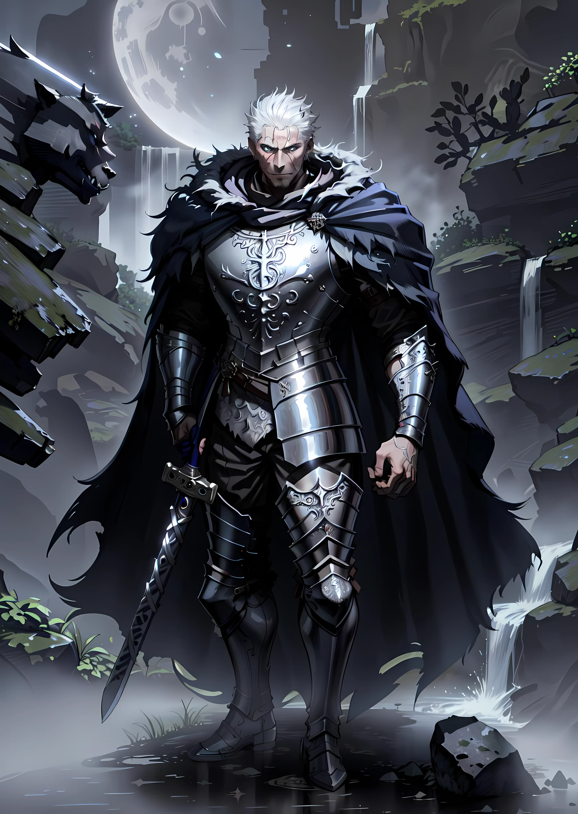masterpiece, best quality, absurdres, 1boy, (wolf), male, Blaidd (/elden ring/), muscular male, scar on face, short hair, black hair, waterfall background, misty, full body, stylized, wearing armor, silver armor, cape, melee weapon, sword, dynamic pose, fluffy, scars, moon, furry, wolf head, werewolf